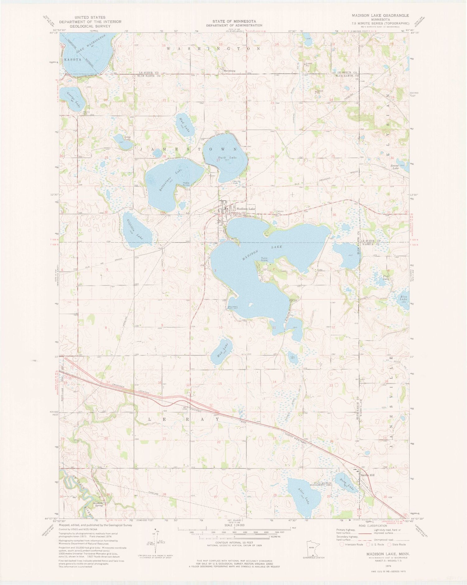 Classic USGS Madison Lake Minnesota 7.5'x7.5' Topo Map Image