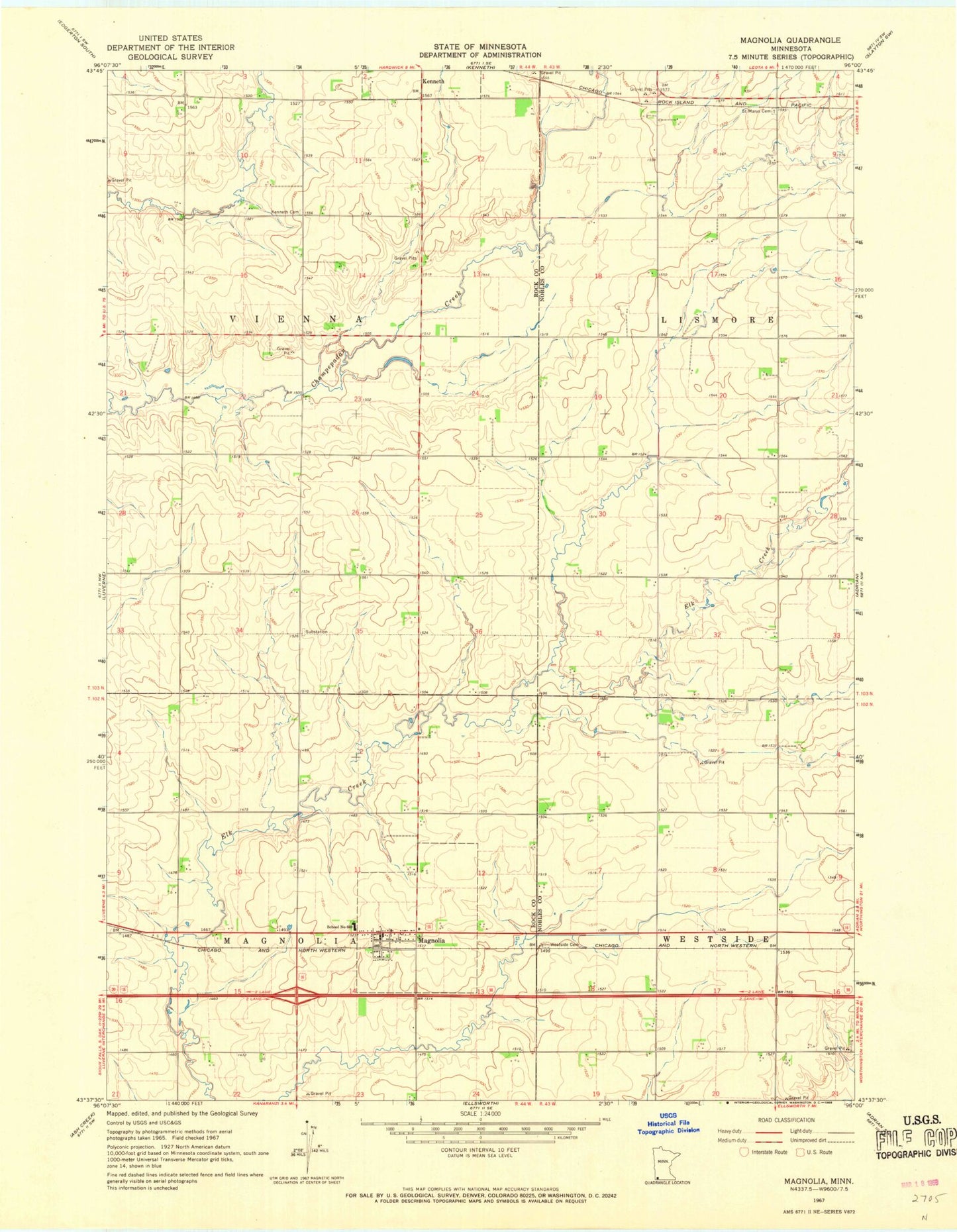 Classic USGS Magnolia Minnesota 7.5'x7.5' Topo Map Image