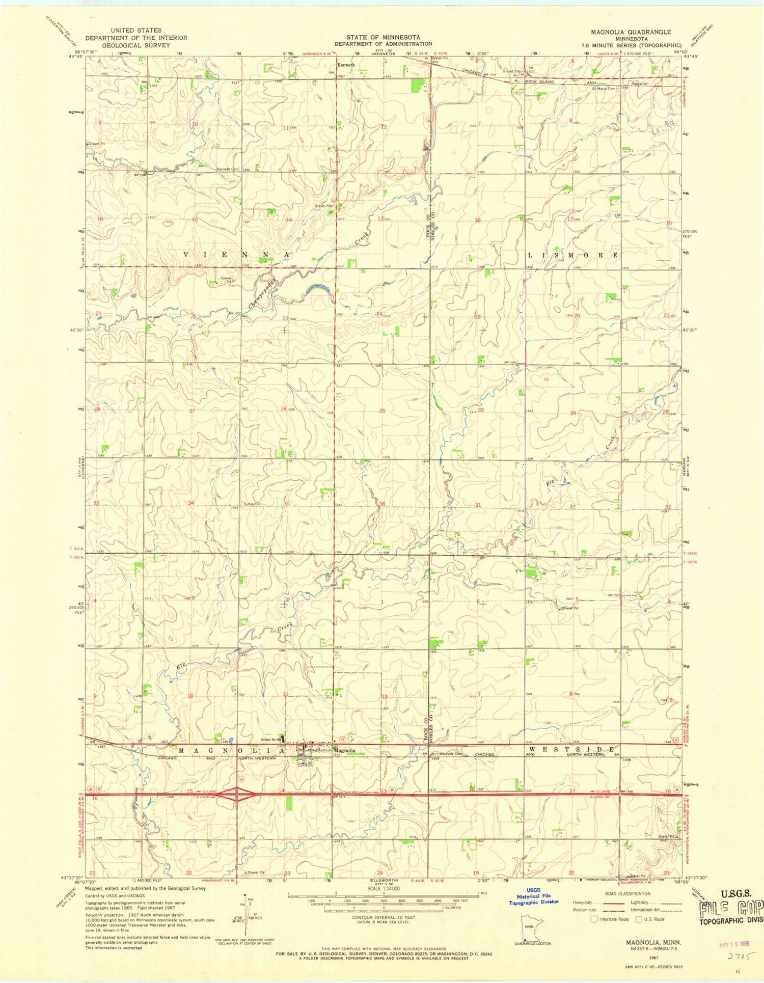 Classic USGS Magnolia Minnesota 7.5'x7.5' Topo Map Image