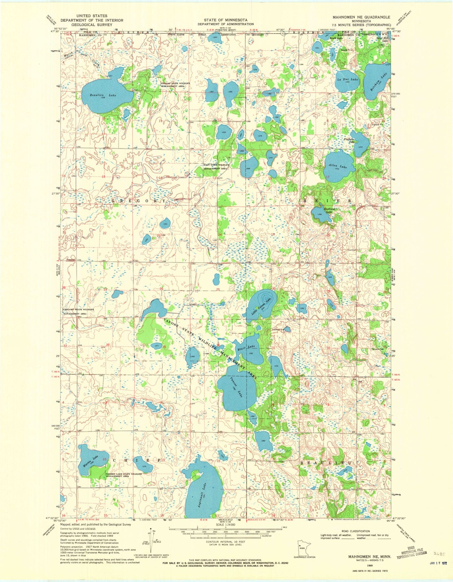 Classic USGS Mahnomen NE Minnesota 7.5'x7.5' Topo Map Image