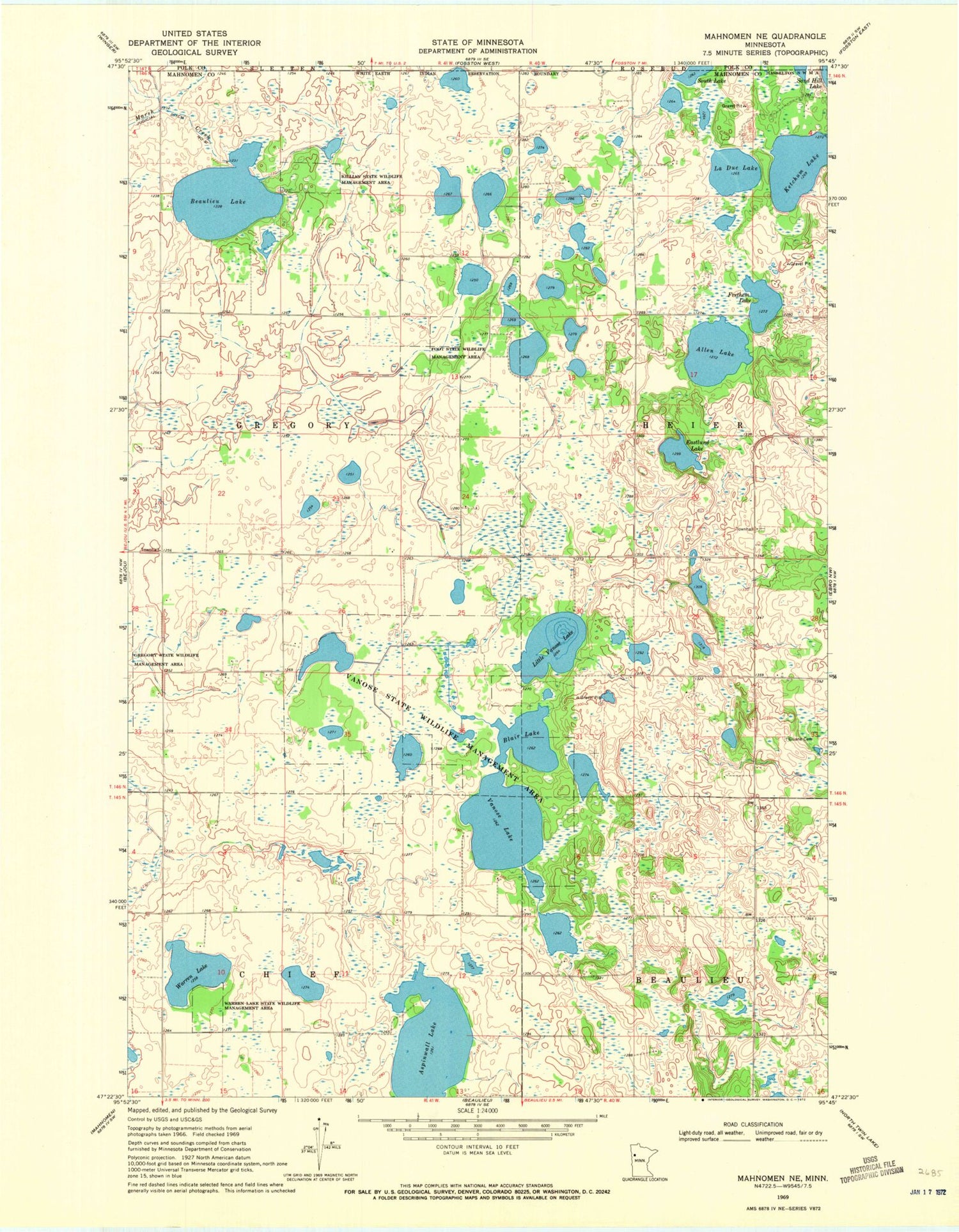 Classic USGS Mahnomen NE Minnesota 7.5'x7.5' Topo Map Image