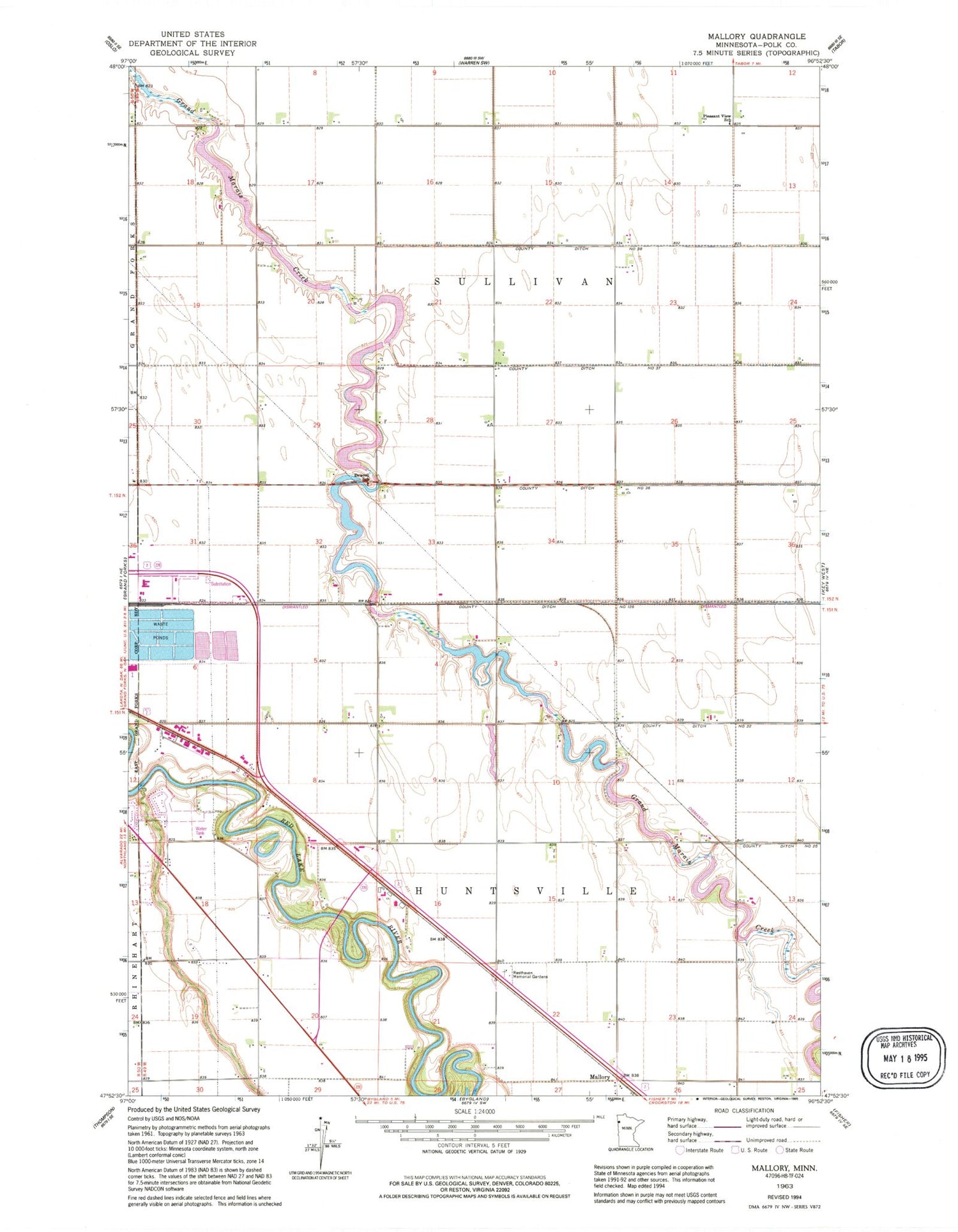 Classic USGS Mallory Minnesota 7.5'x7.5' Topo Map Image