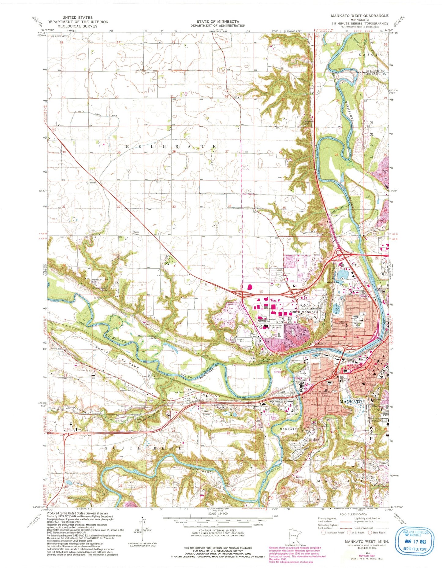 Classic USGS Mankato West Minnesota 7.5'x7.5' Topo Map Image
