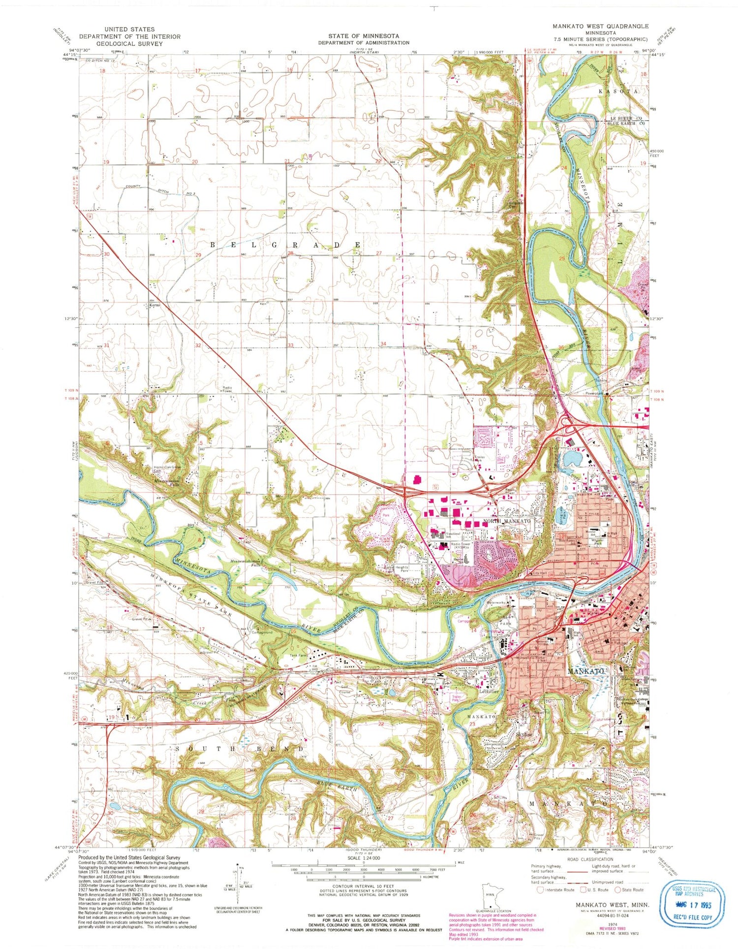 Classic USGS Mankato West Minnesota 7.5'x7.5' Topo Map Image