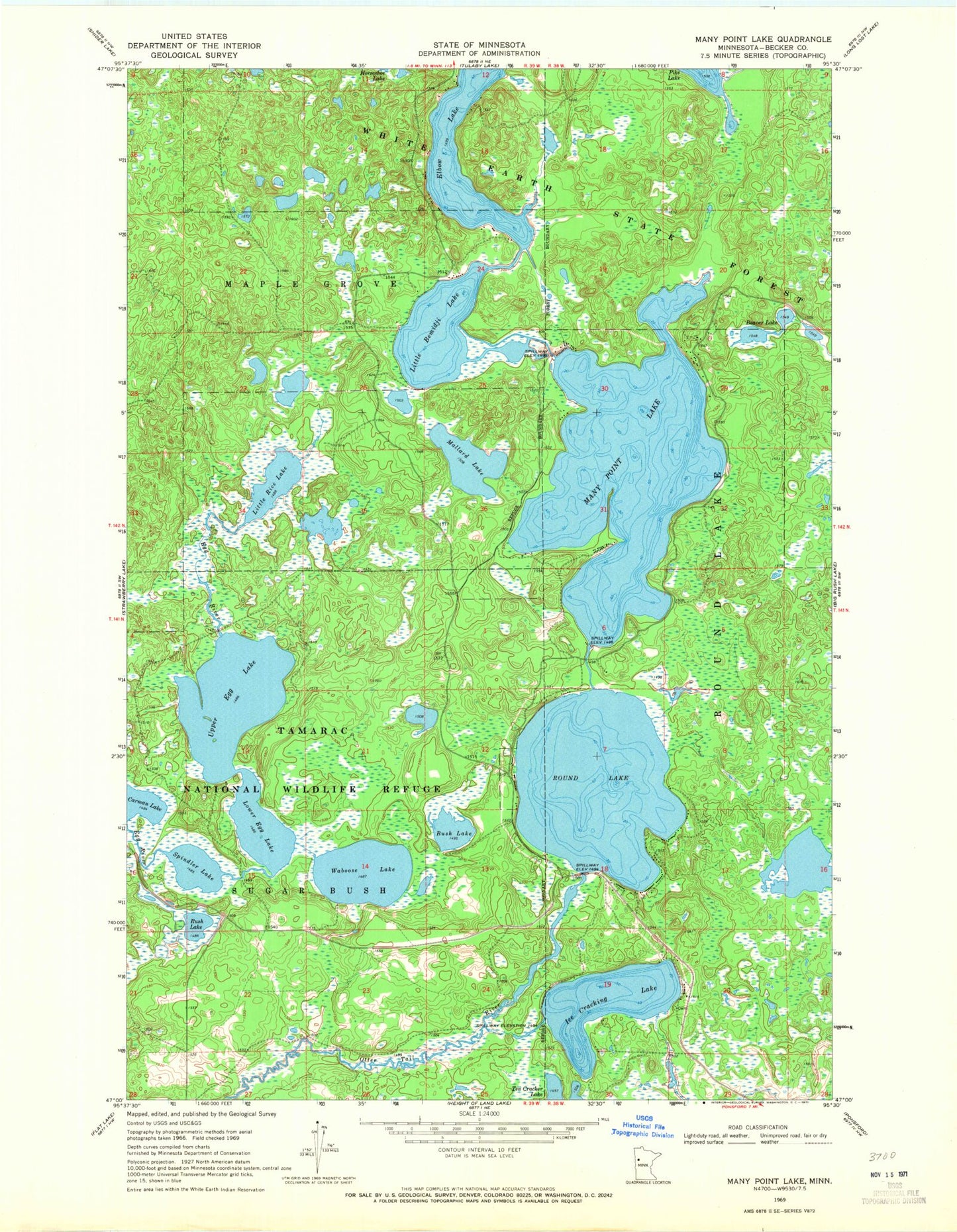 Classic USGS Many Point Lake Minnesota 7.5'x7.5' Topo Map Image