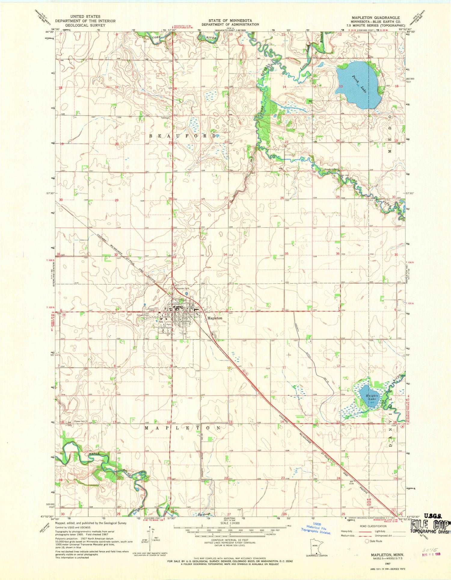 Classic USGS Mapleton Minnesota 7.5'x7.5' Topo Map Image