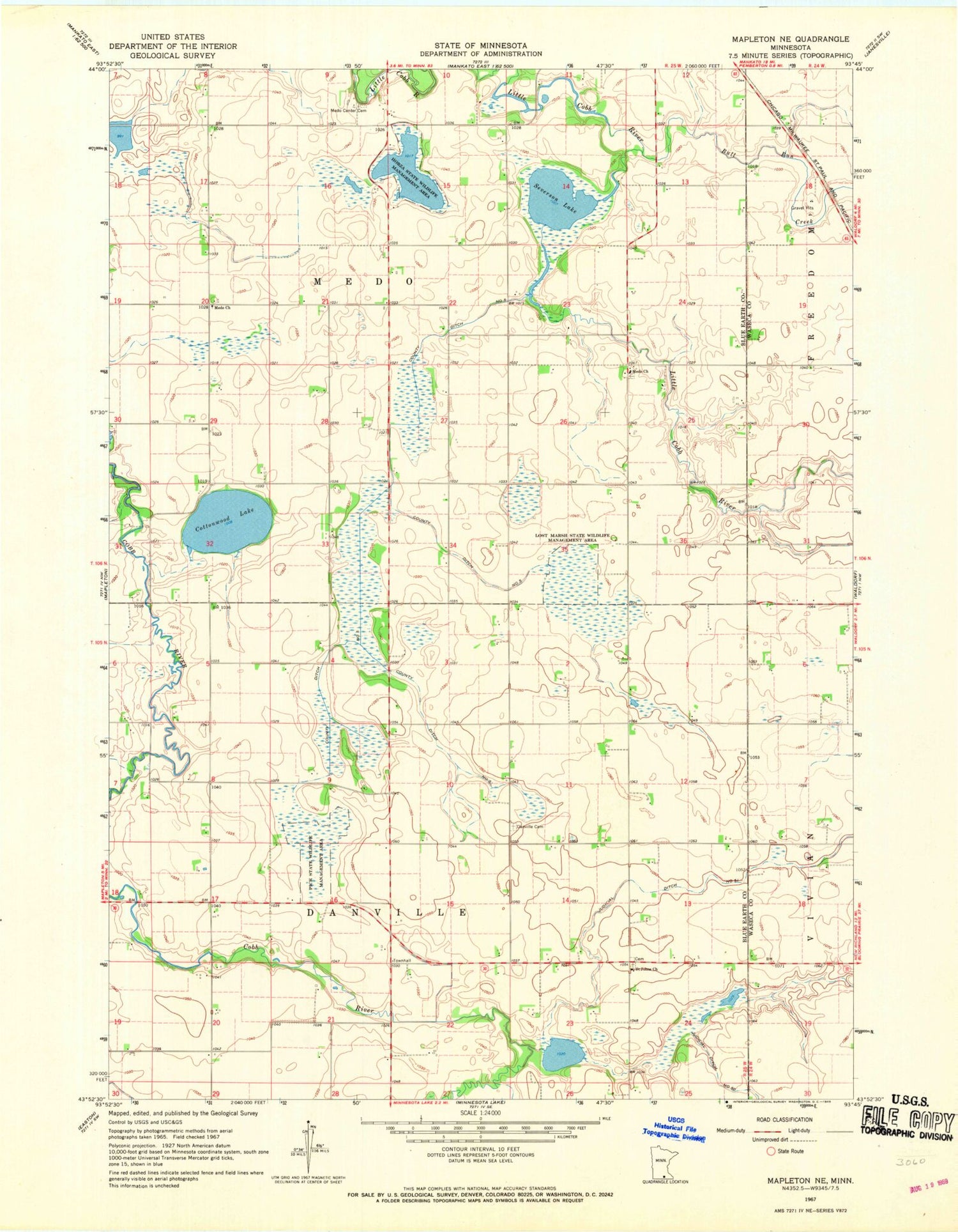 Classic USGS Mapleton NE Minnesota 7.5'x7.5' Topo Map Image