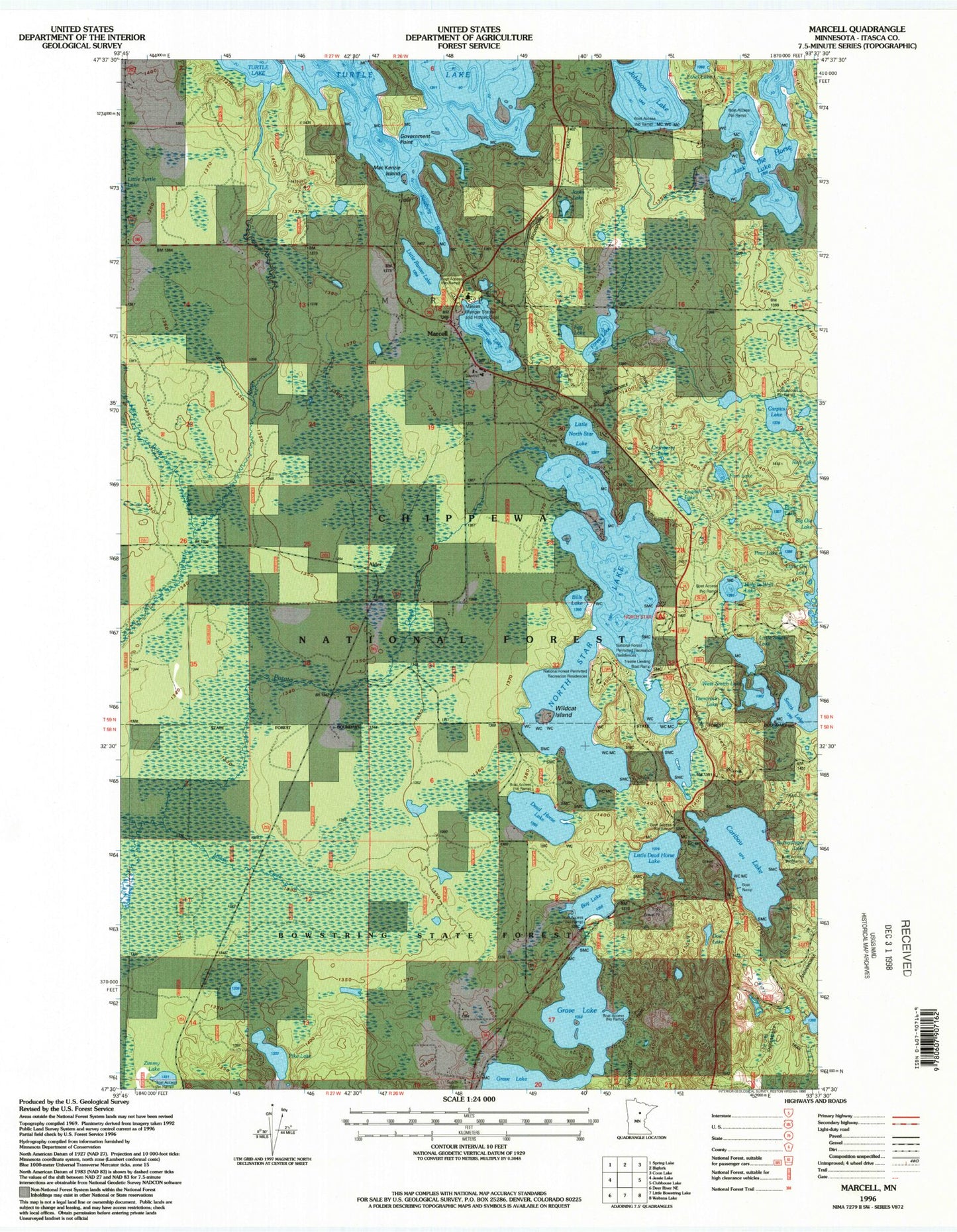 Classic USGS Marcell Minnesota 7.5'x7.5' Topo Map Image