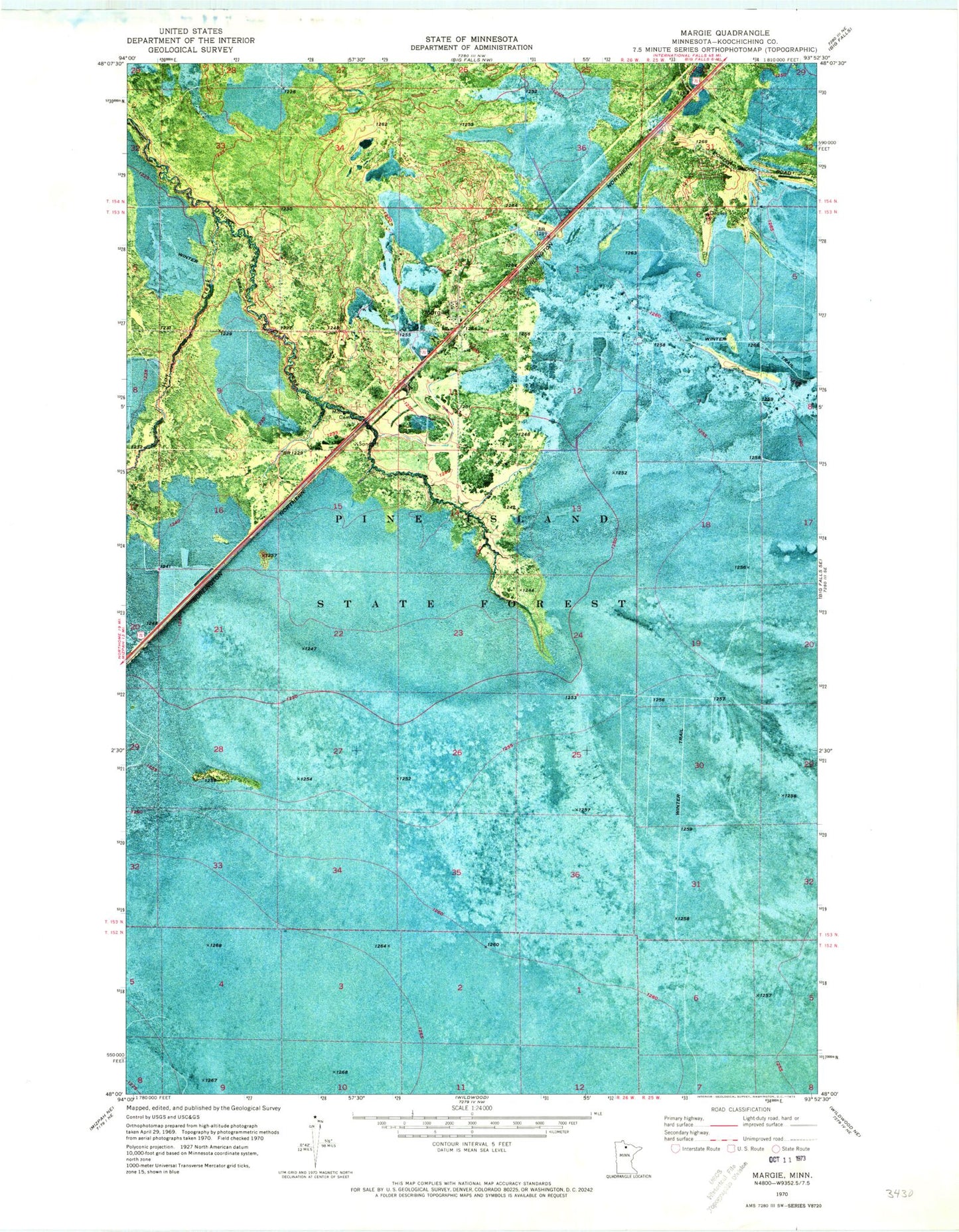 Classic USGS Margie Minnesota 7.5'x7.5' Topo Map Image