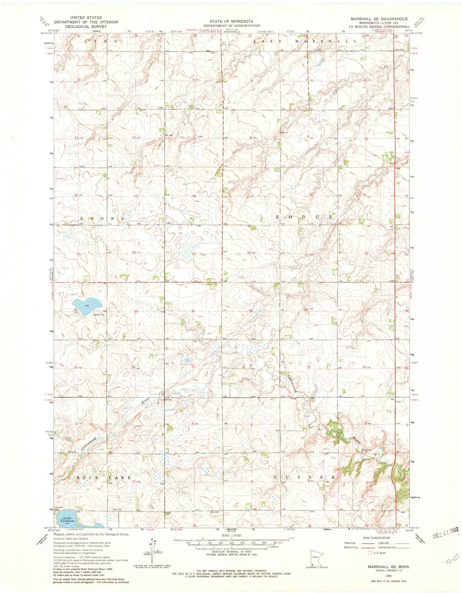 Classic USGS Marshall SE Minnesota 7.5'x7.5' Topo Map Image