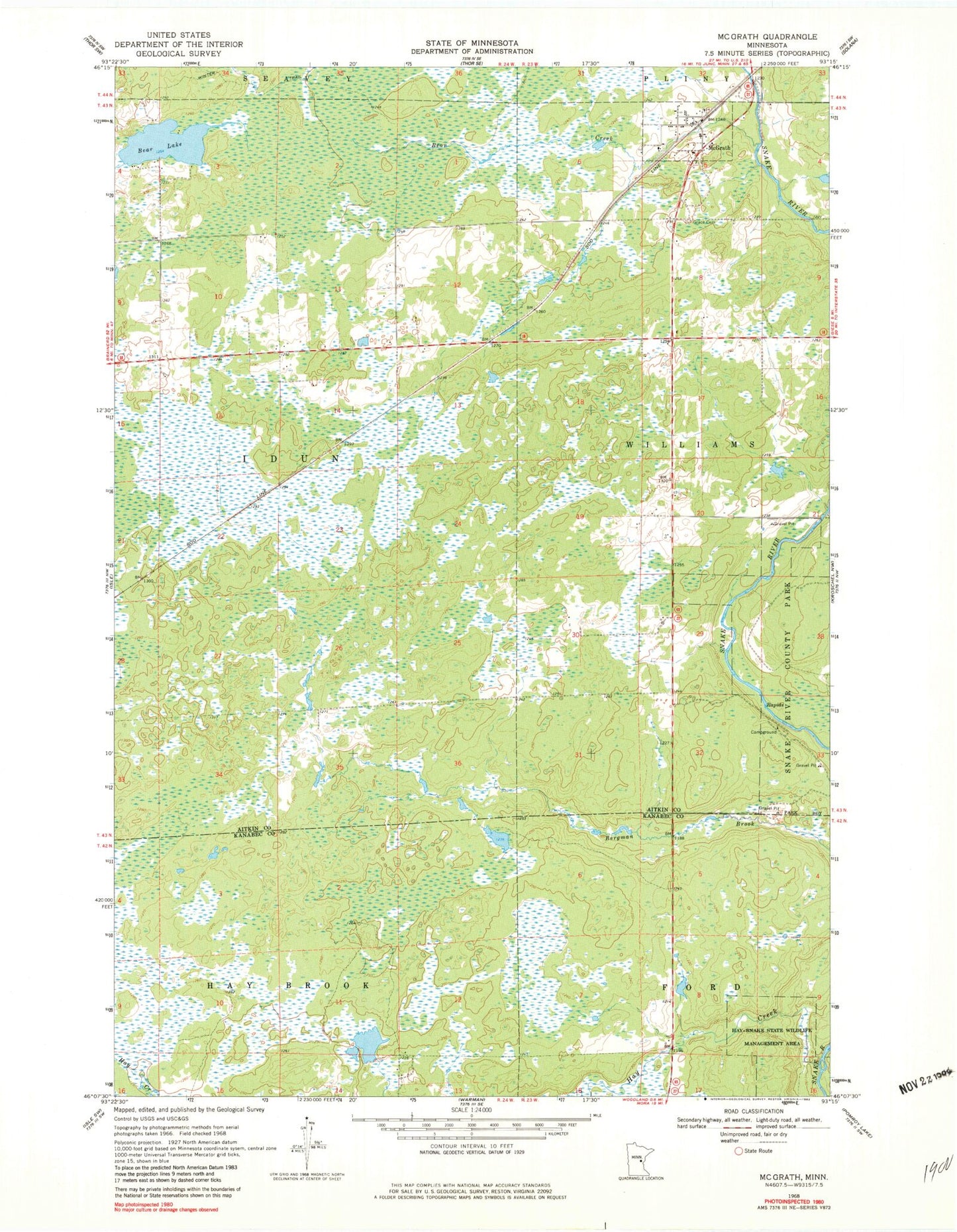 Classic USGS McGrath Minnesota 7.5'x7.5' Topo Map Image