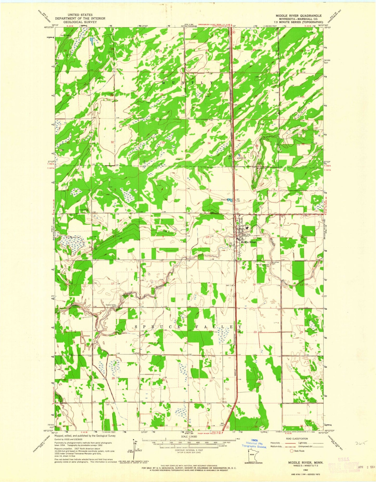 Classic USGS Middle River Minnesota 7.5'x7.5' Topo Map Image