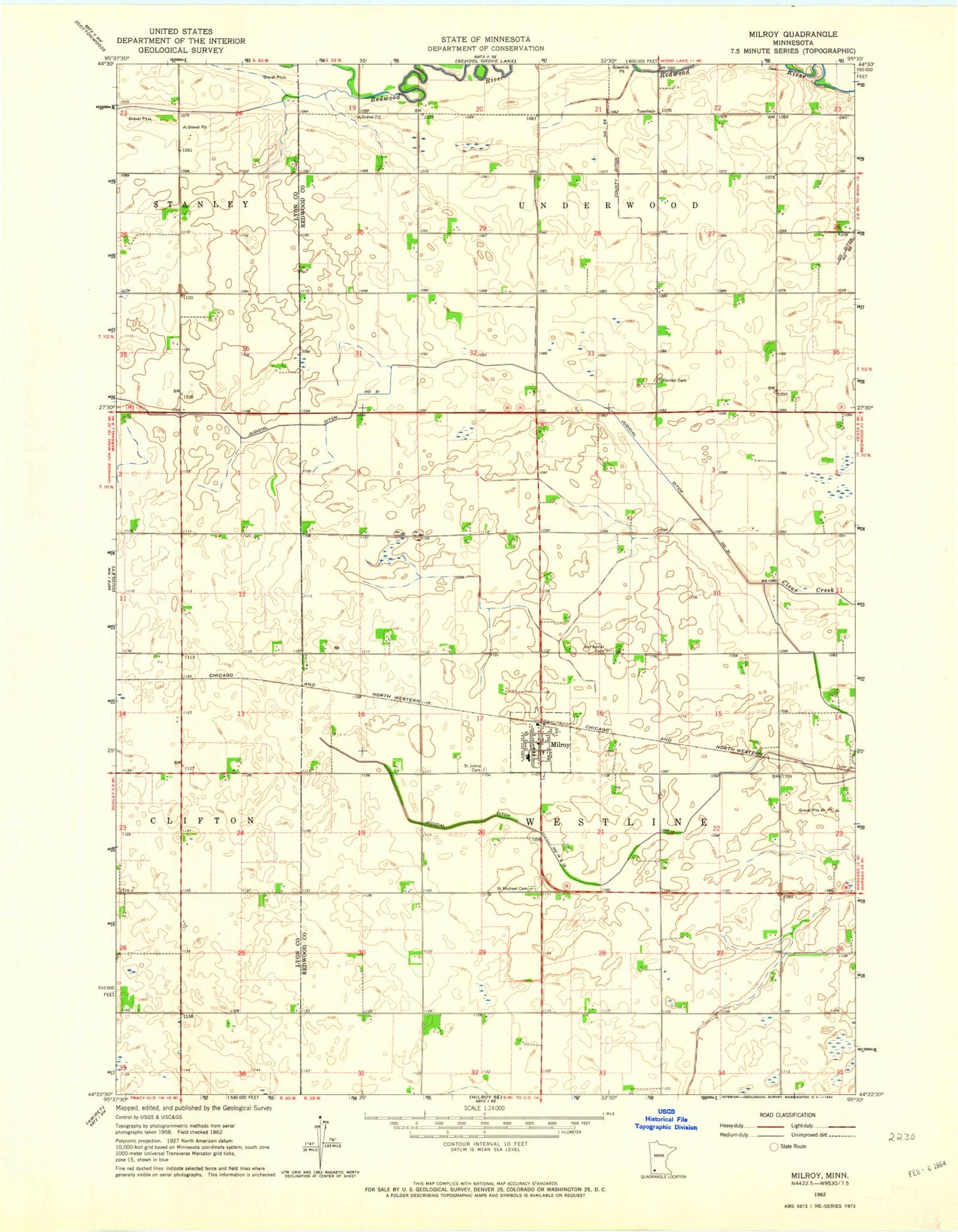 Classic USGS Milroy Minnesota 7.5'x7.5' Topo Map Image