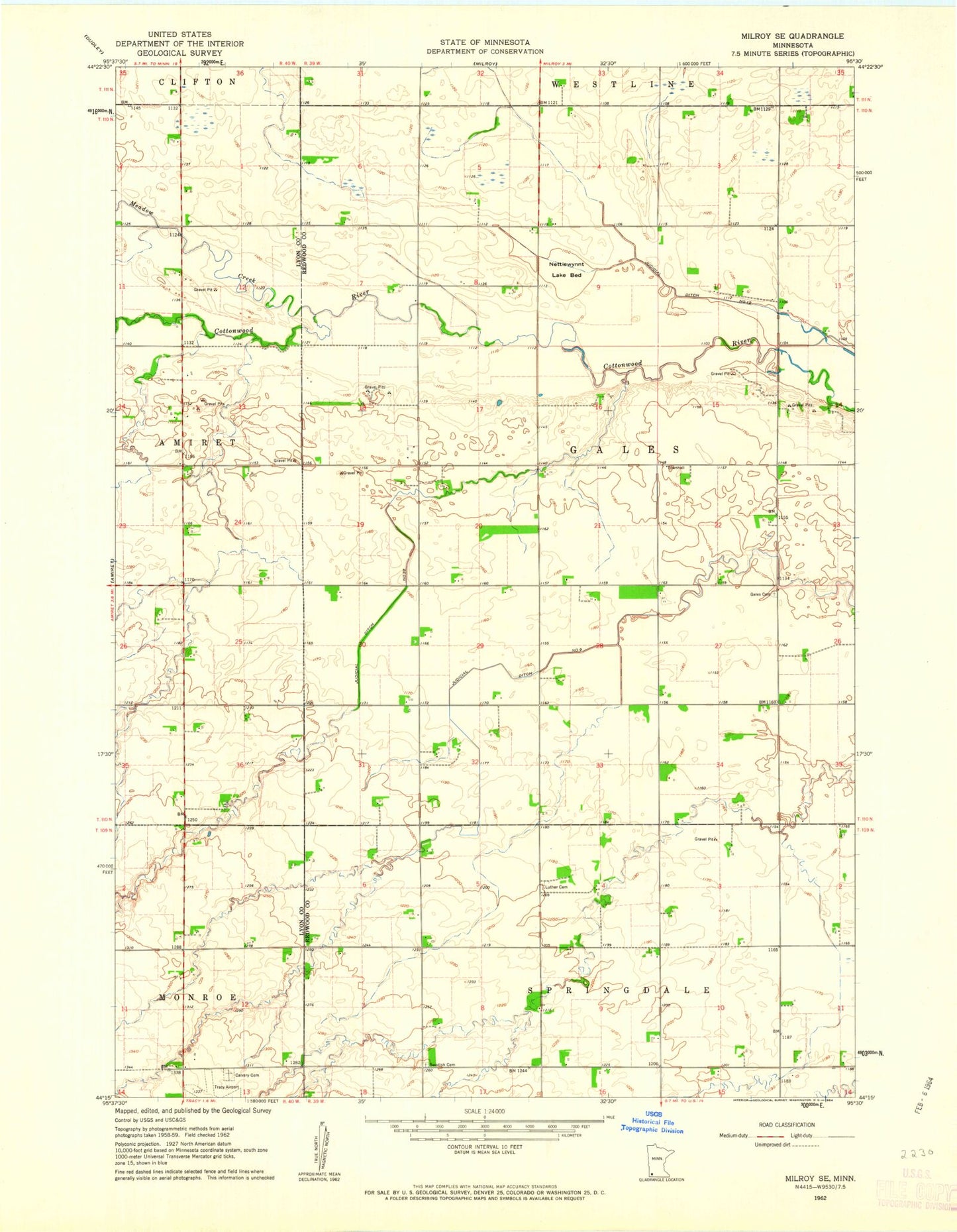 Classic USGS Milroy SE Minnesota 7.5'x7.5' Topo Map Image