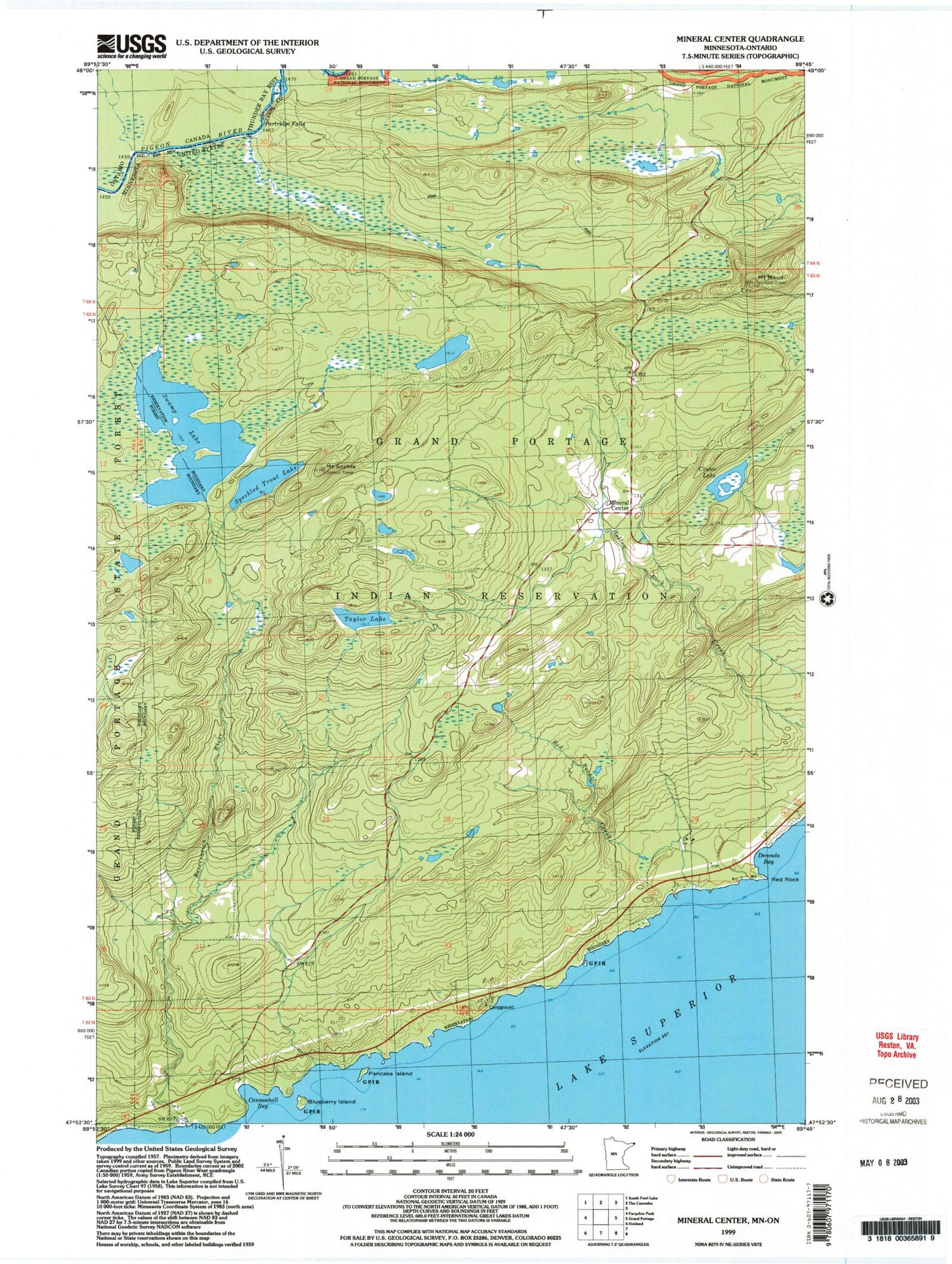 Classic USGS Mineral Center Minnesota 7.5'x7.5' Topo Map Image