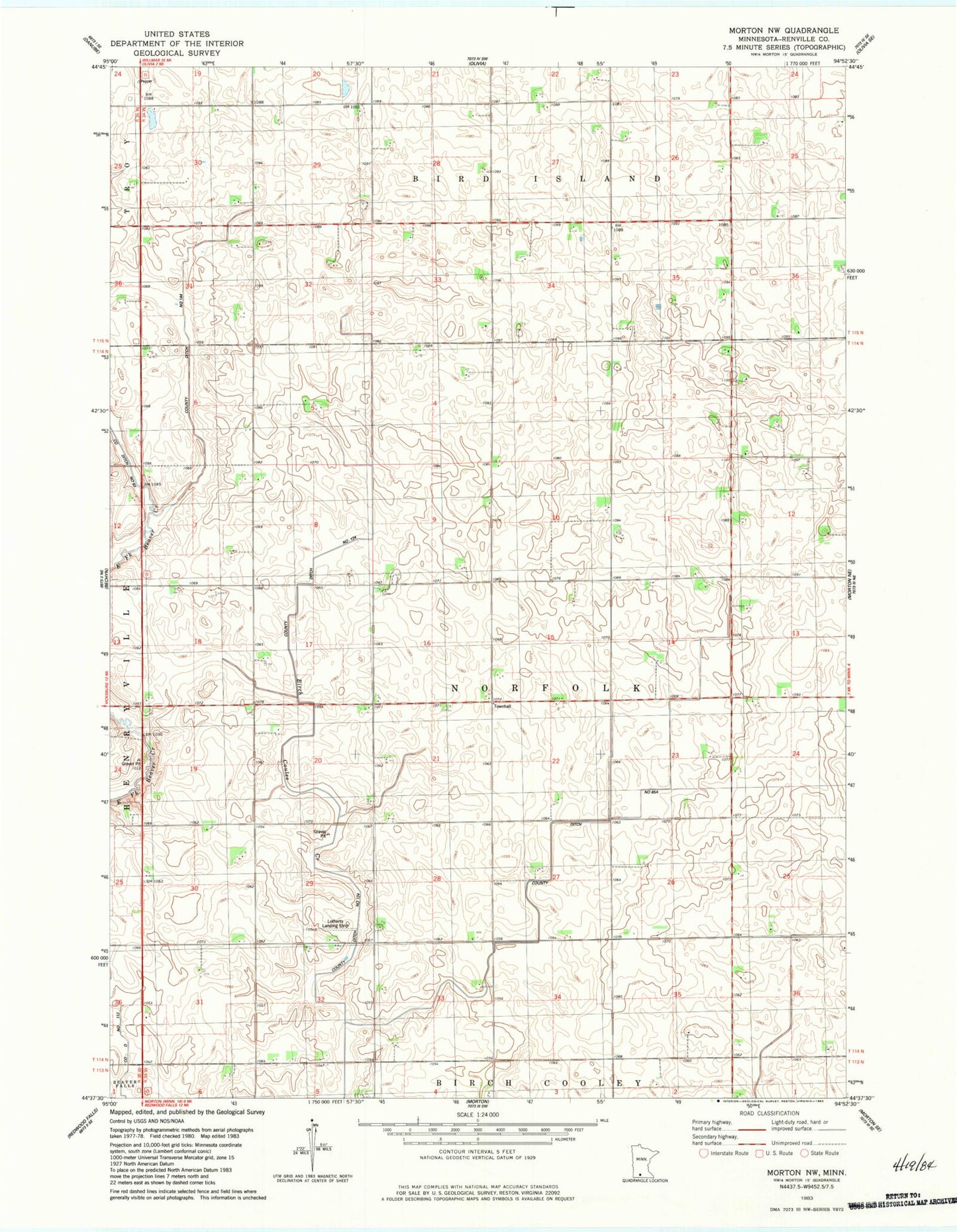 Classic USGS Morton NW Minnesota 7.5'x7.5' Topo Map Image