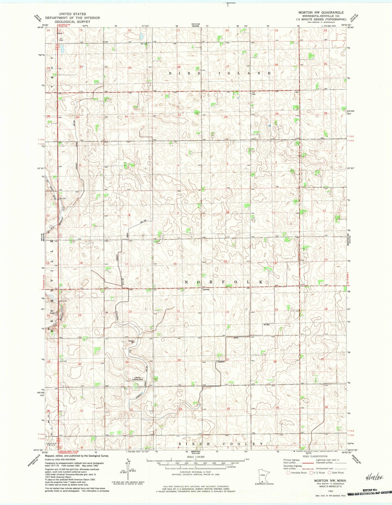 Classic USGS Morton NW Minnesota 7.5'x7.5' Topo Map Image
