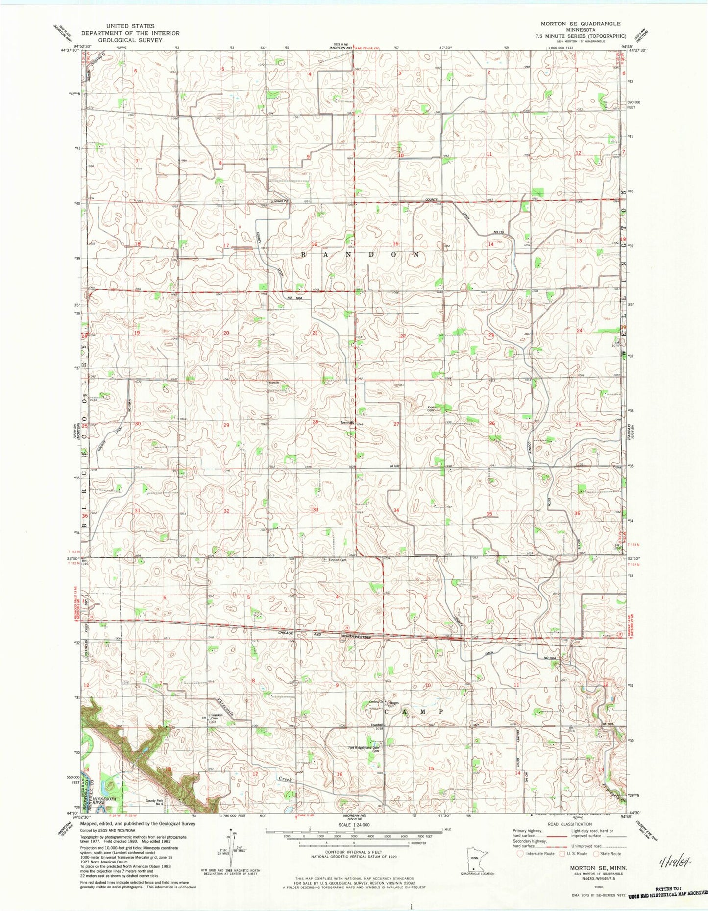 Classic USGS Morton SE Minnesota 7.5'x7.5' Topo Map Image