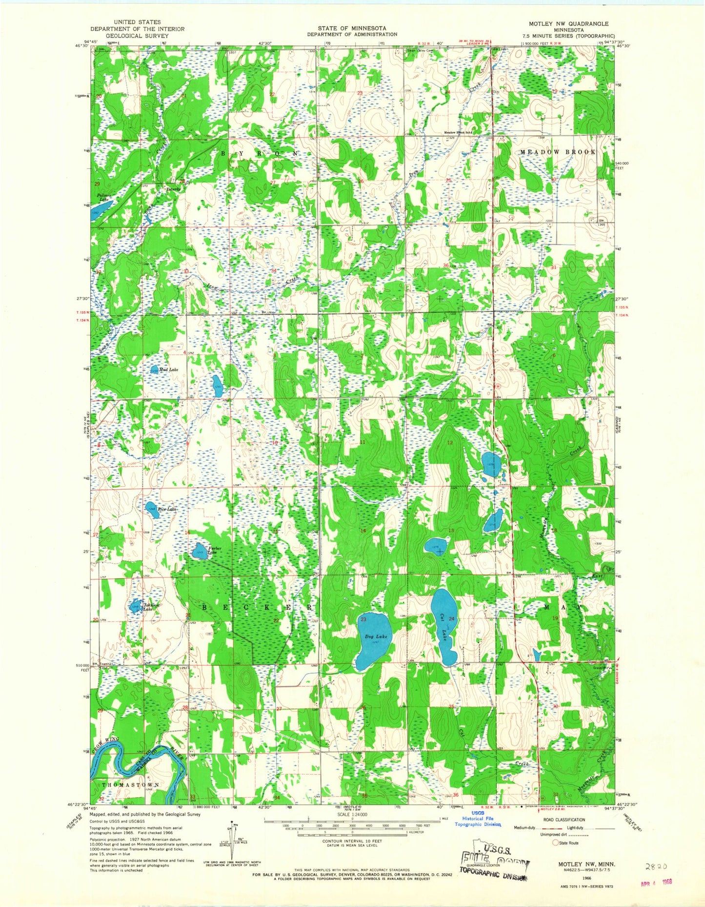 Classic USGS Motley NW Minnesota 7.5'x7.5' Topo Map Image