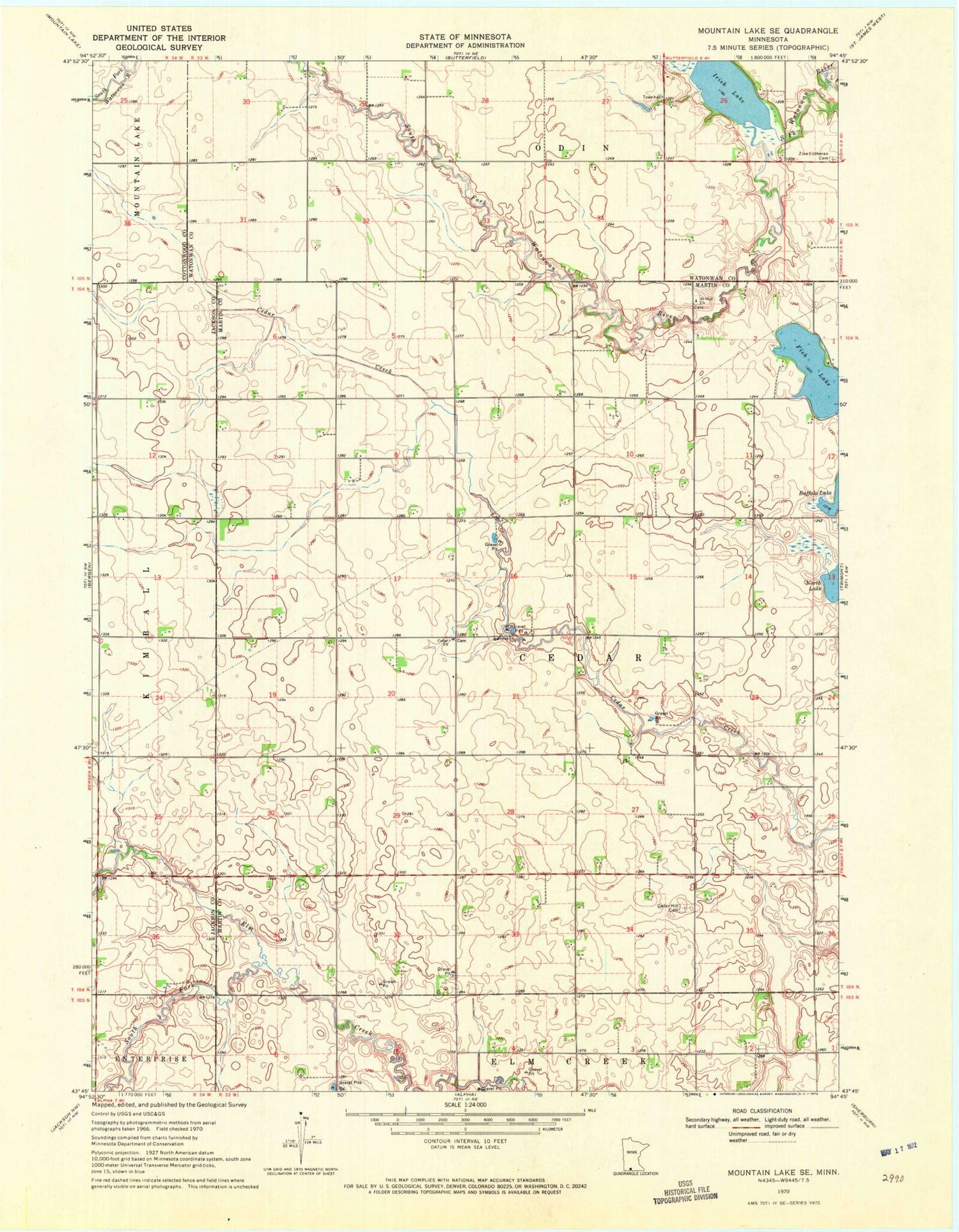 Classic USGS Mountain Lake SE Minnesota 7.5'x7.5' Topo Map Image