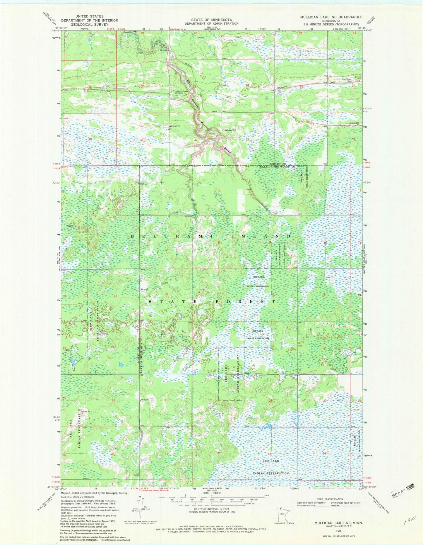 Classic USGS Mulligan Lake NE Minnesota 7.5'x7.5' Topo Map Image