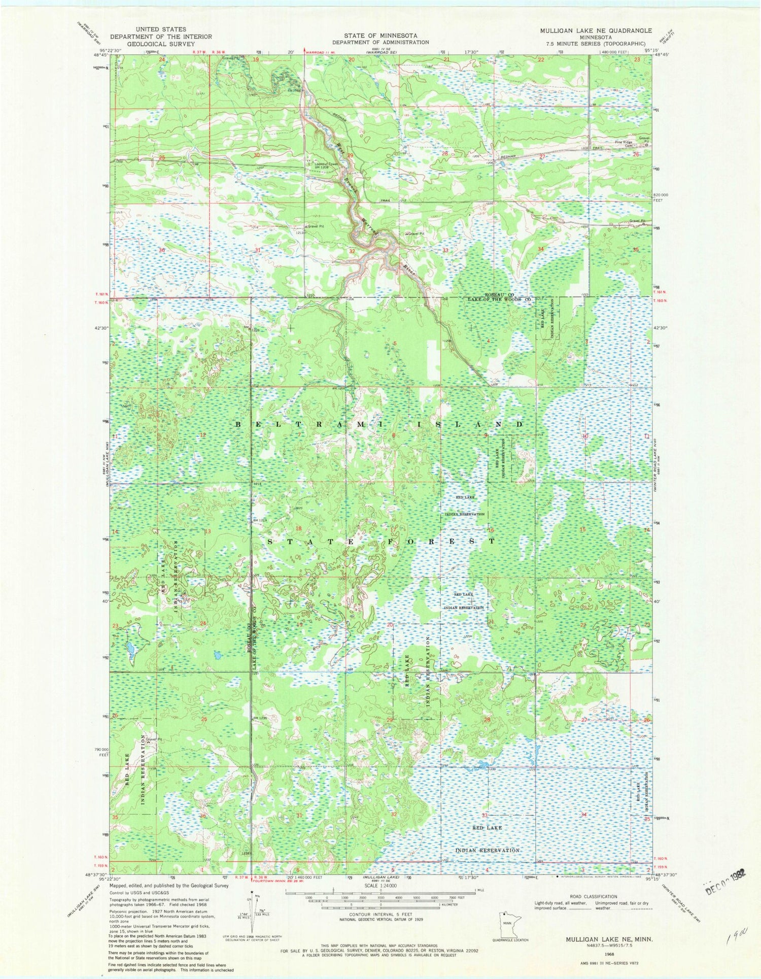 Classic USGS Mulligan Lake NE Minnesota 7.5'x7.5' Topo Map Image