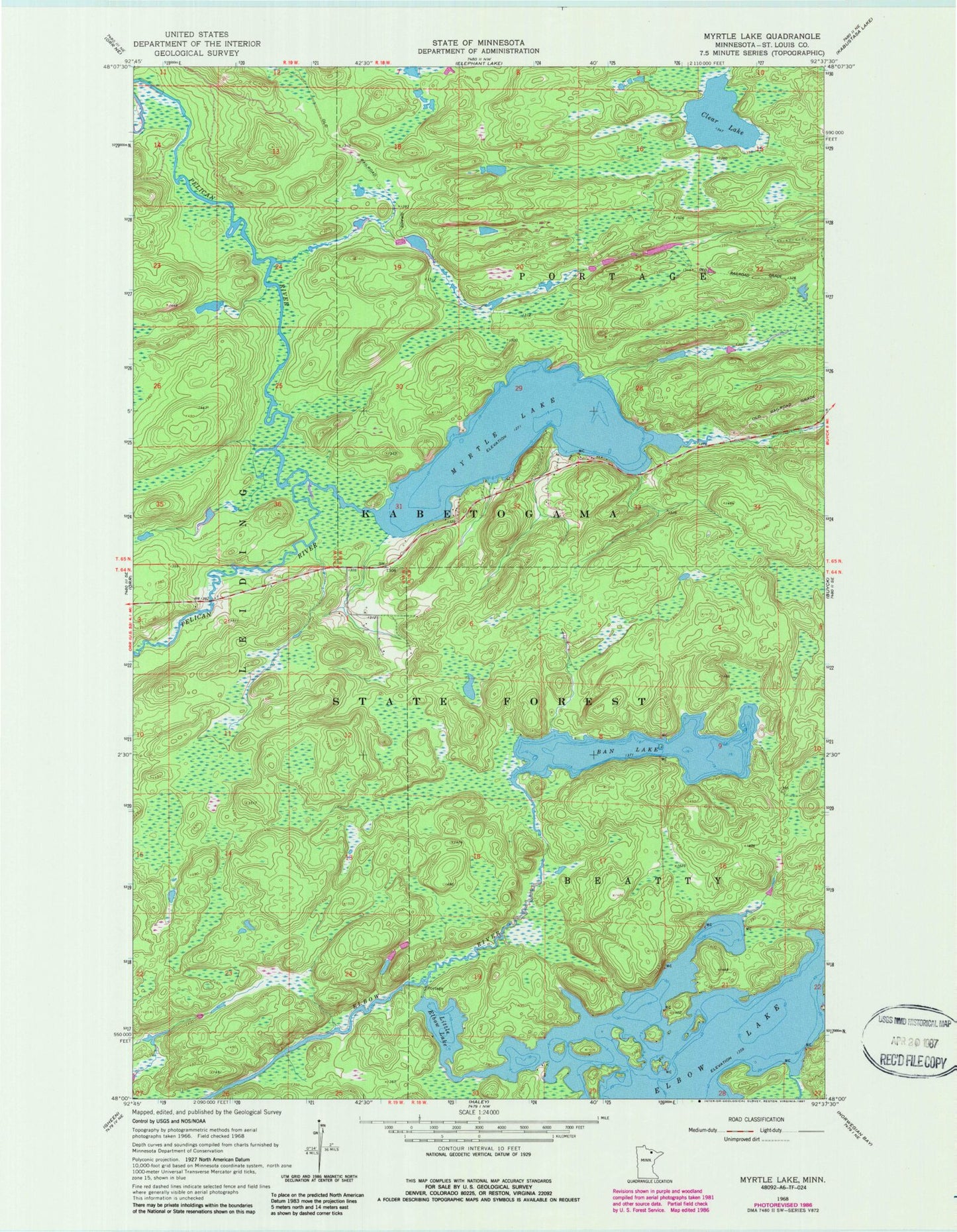Classic USGS Myrtle Lake Minnesota 7.5'x7.5' Topo Map Image