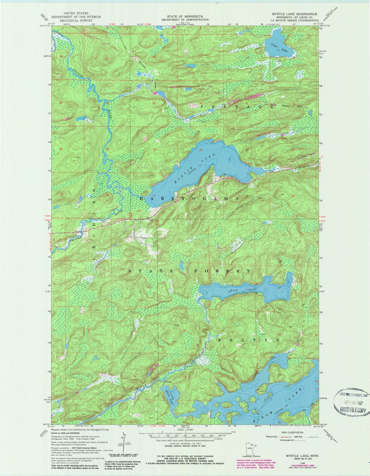 Classic USGS Myrtle Lake Minnesota 7.5'x7.5' Topo Map Image