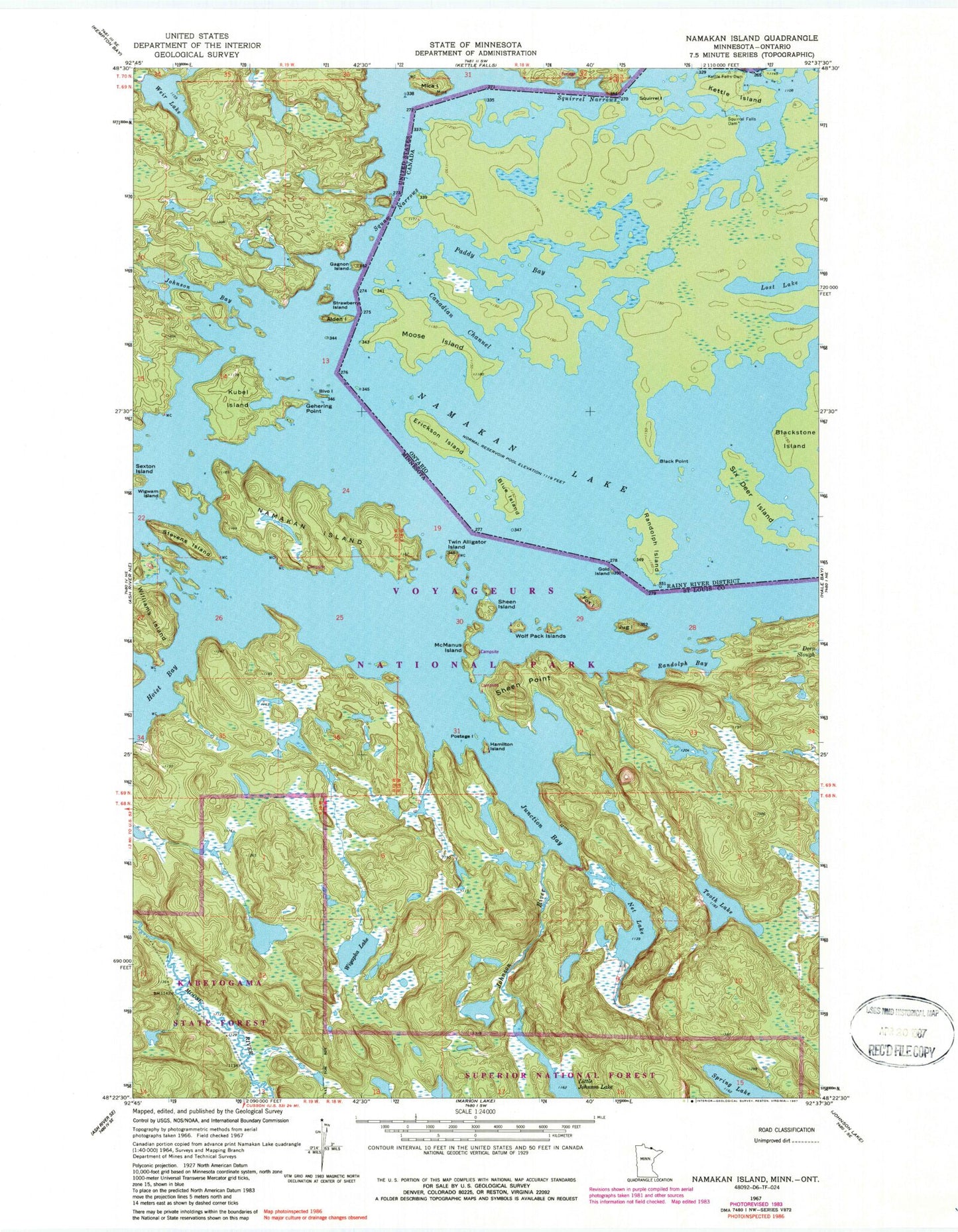 Classic USGS Namakan Island Minnesota 7.5'x7.5' Topo Map Image