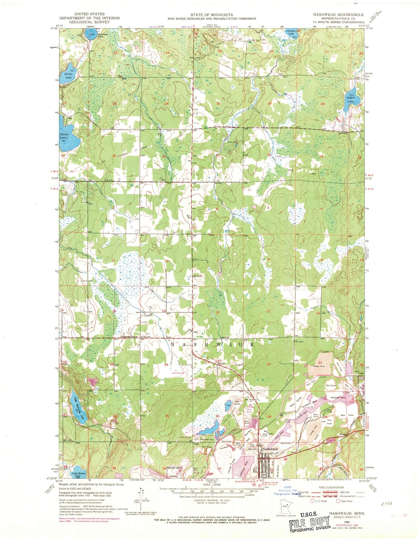 Classic USGS Nashwauk Minnesota 7.5'x7.5' Topo Map Image