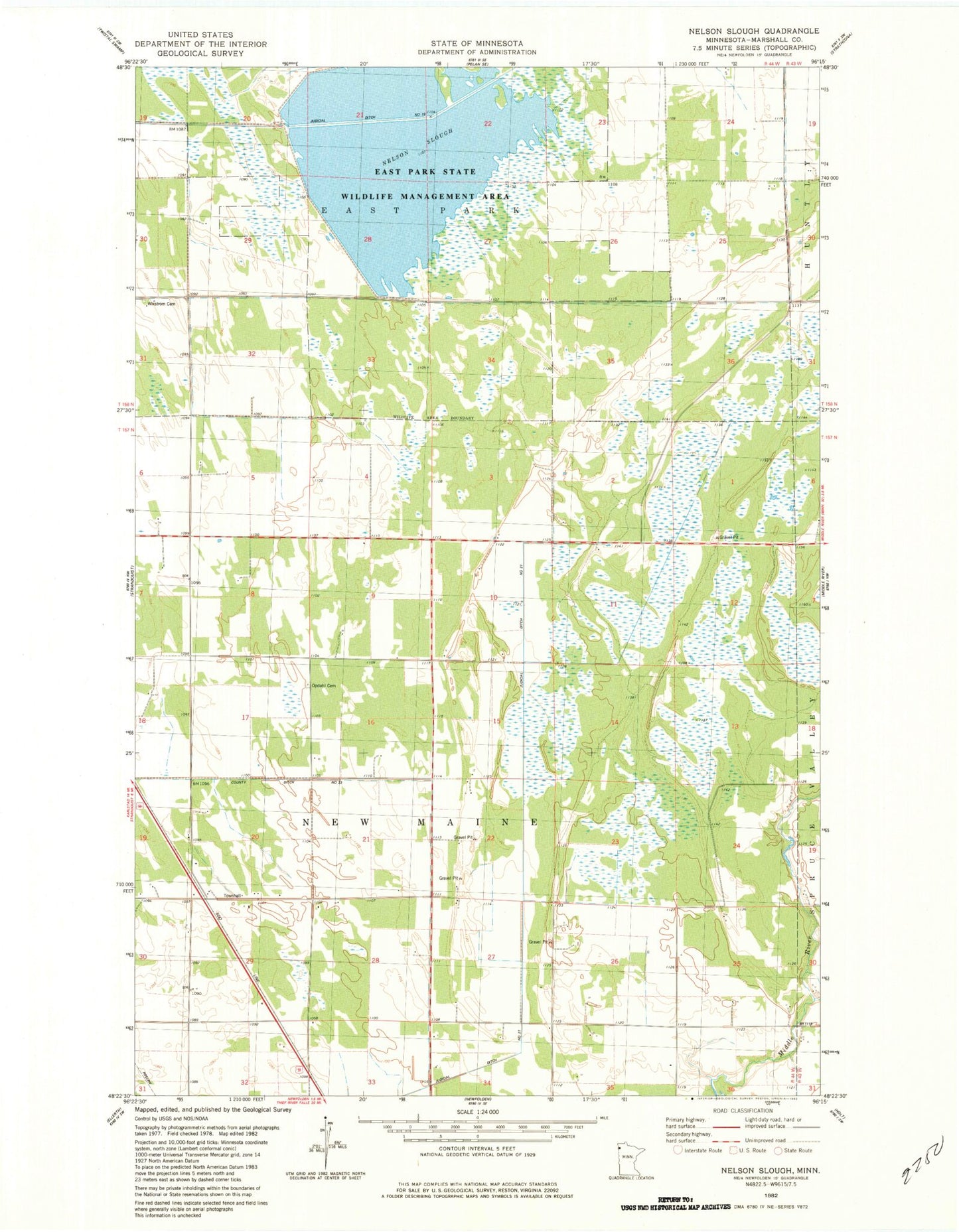 Classic USGS Nelson Slough Minnesota 7.5'x7.5' Topo Map Image