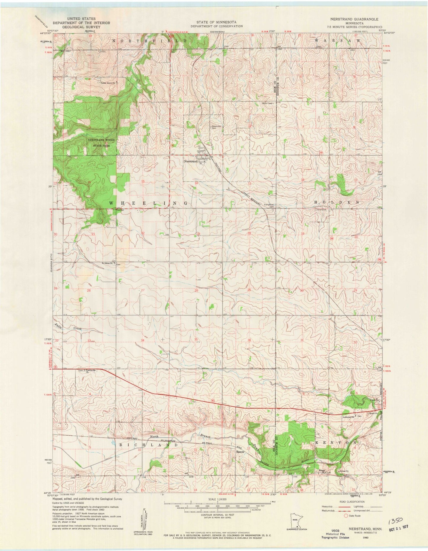 Classic USGS Nerstrand Minnesota 7.5'x7.5' Topo Map Image