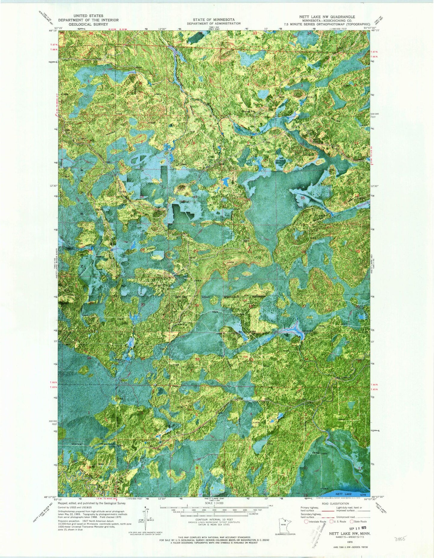 Classic USGS Nett Lake NW Minnesota 7.5'x7.5' Topo Map Image