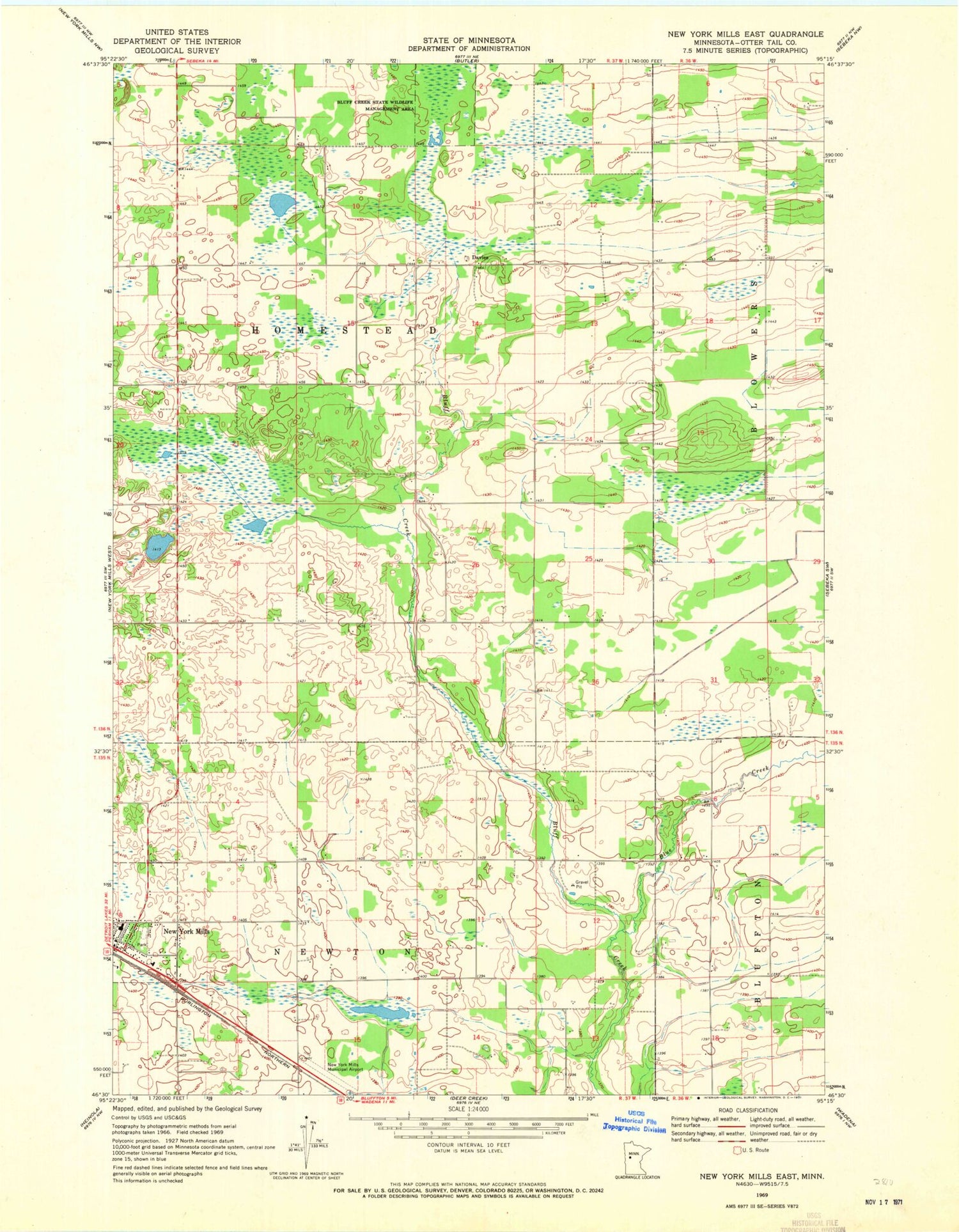 Classic USGS New York Mills East Minnesota 7.5'x7.5' Topo Map Image
