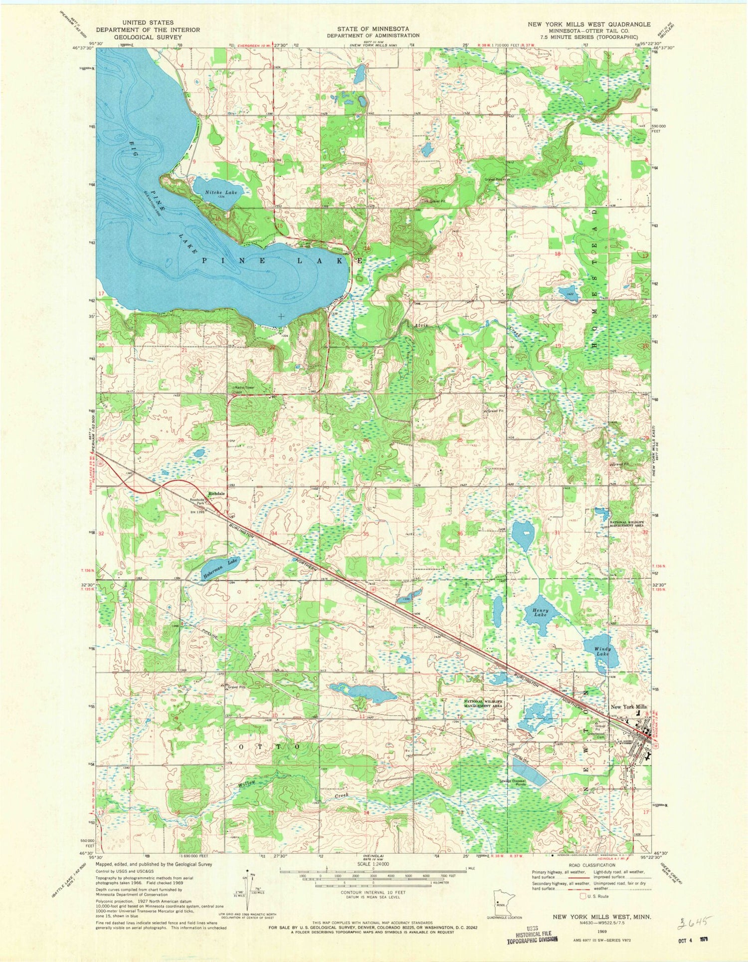 Classic USGS New York Mills West Minnesota 7.5'x7.5' Topo Map Image
