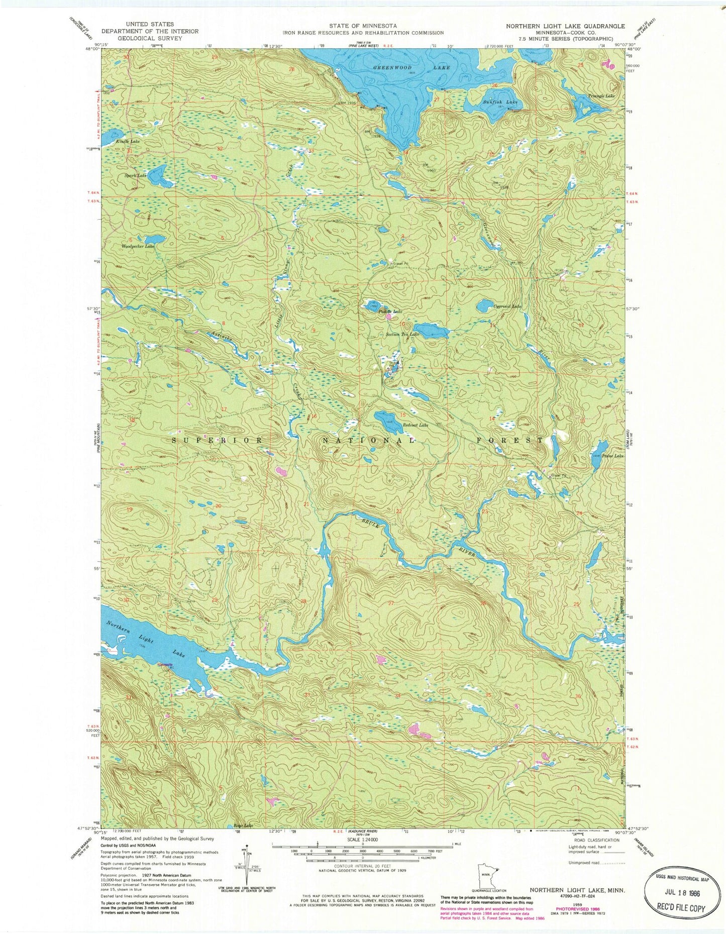 Classic USGS Northern Light Lake Minnesota 7.5'x7.5' Topo Map Image