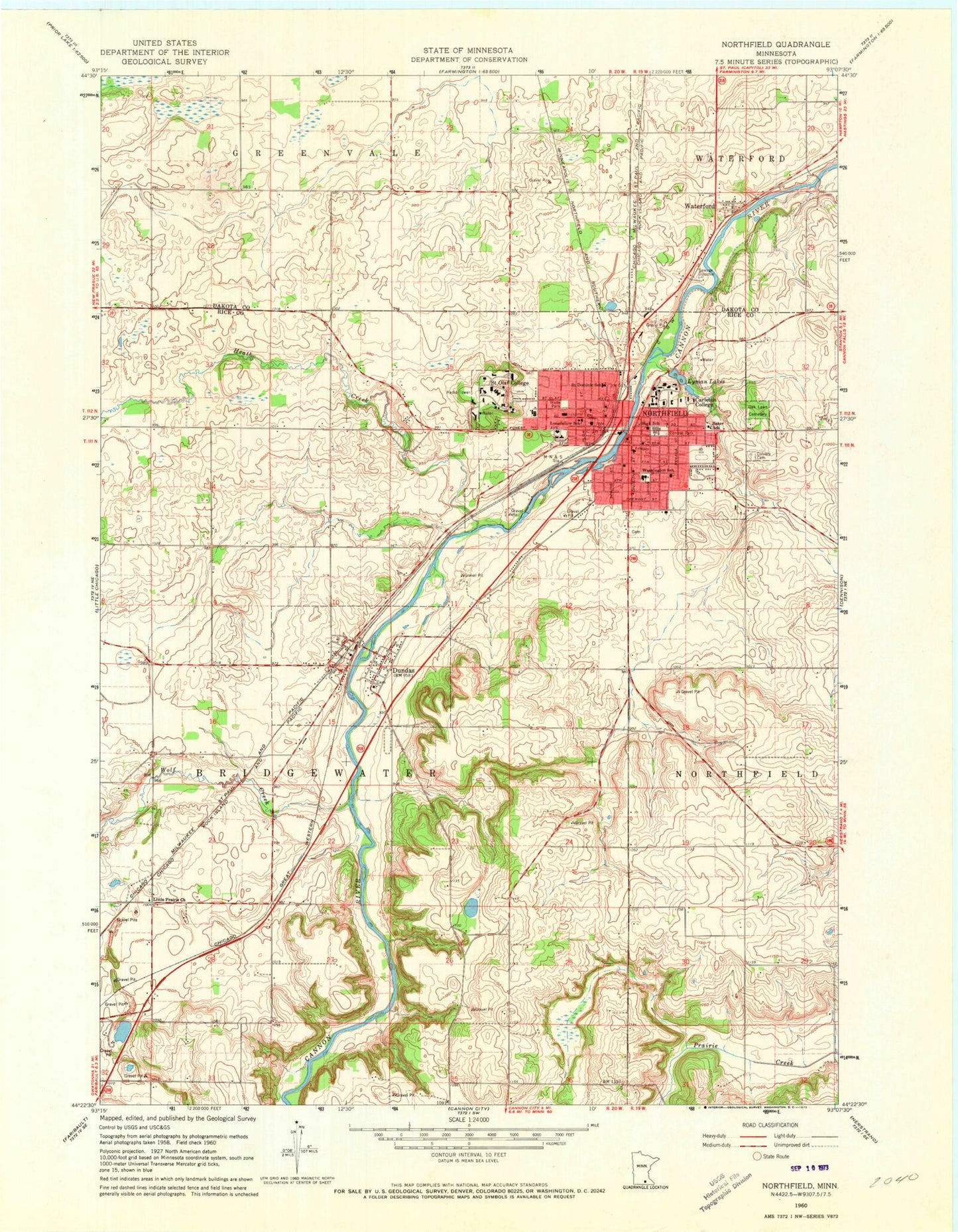 Classic USGS Northfield Minnesota 7.5'x7.5' Topo Map Image