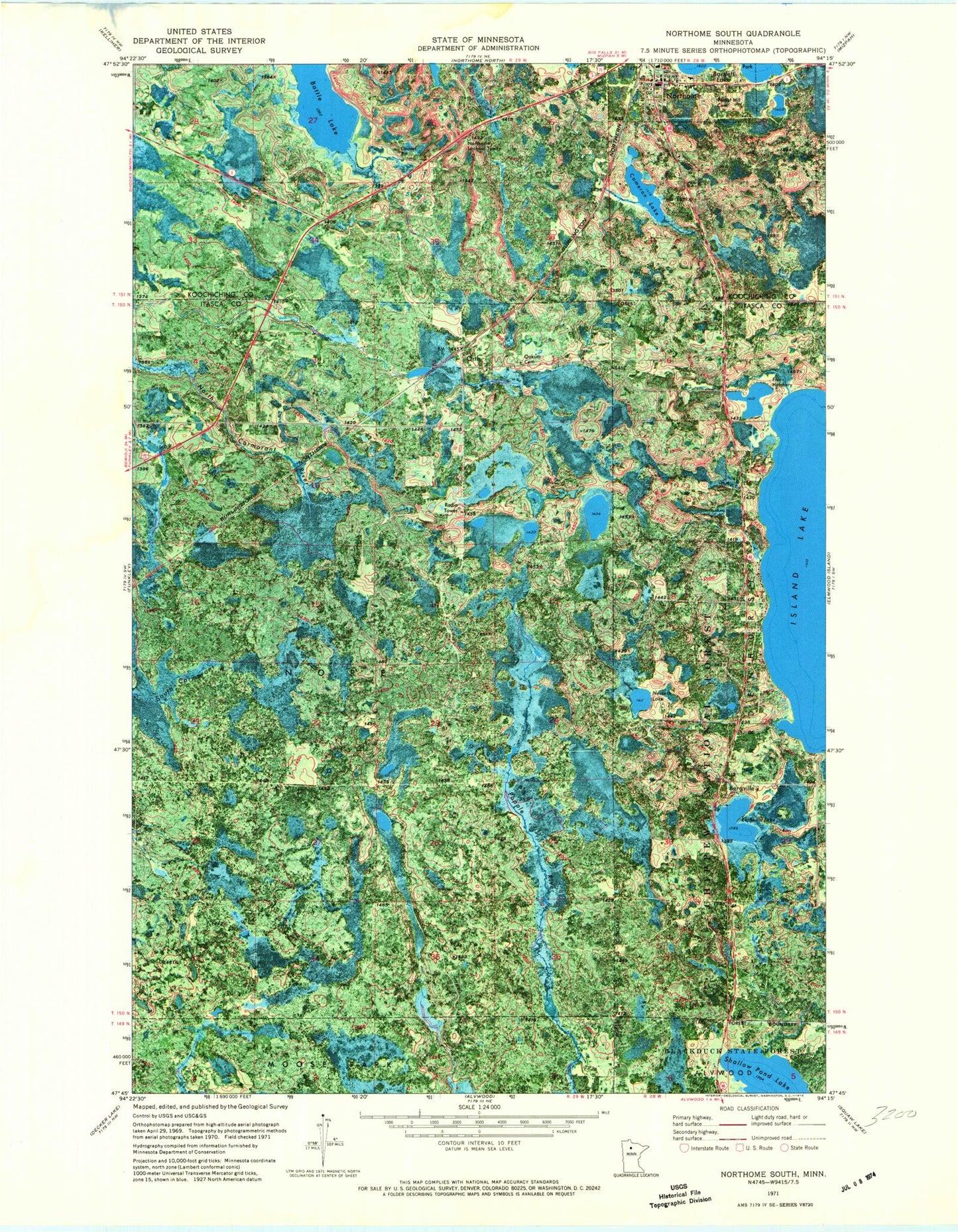 Classic USGS Northome South Minnesota 7.5'x7.5' Topo Map Image