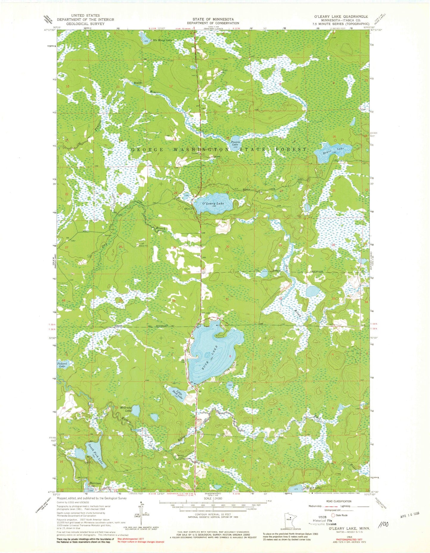 Classic USGS O'Leary Lake Minnesota 7.5'x7.5' Topo Map Image