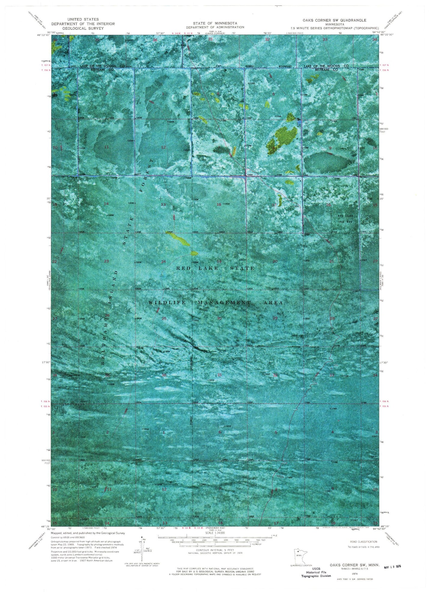 Classic USGS Oaks Corner SW Minnesota 7.5'x7.5' Topo Map Image