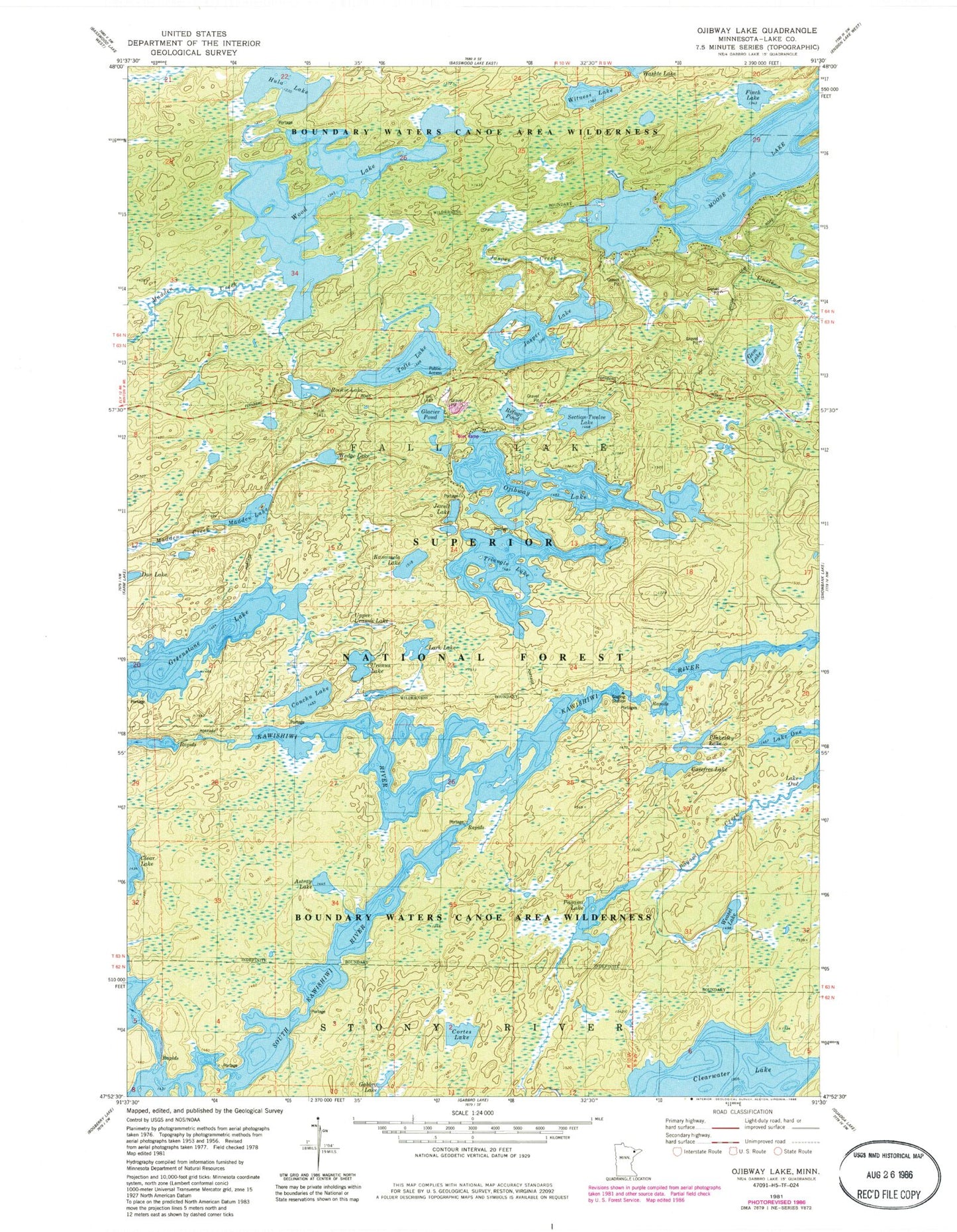 Classic USGS Ojibway Lake Minnesota 7.5'x7.5' Topo Map Image