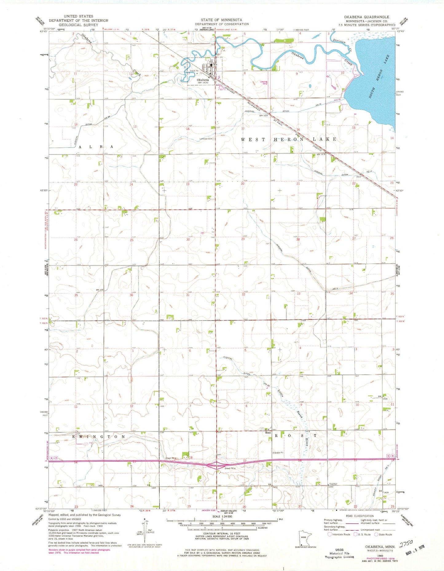Classic USGS Okabena Minnesota 7.5'x7.5' Topo Map Image