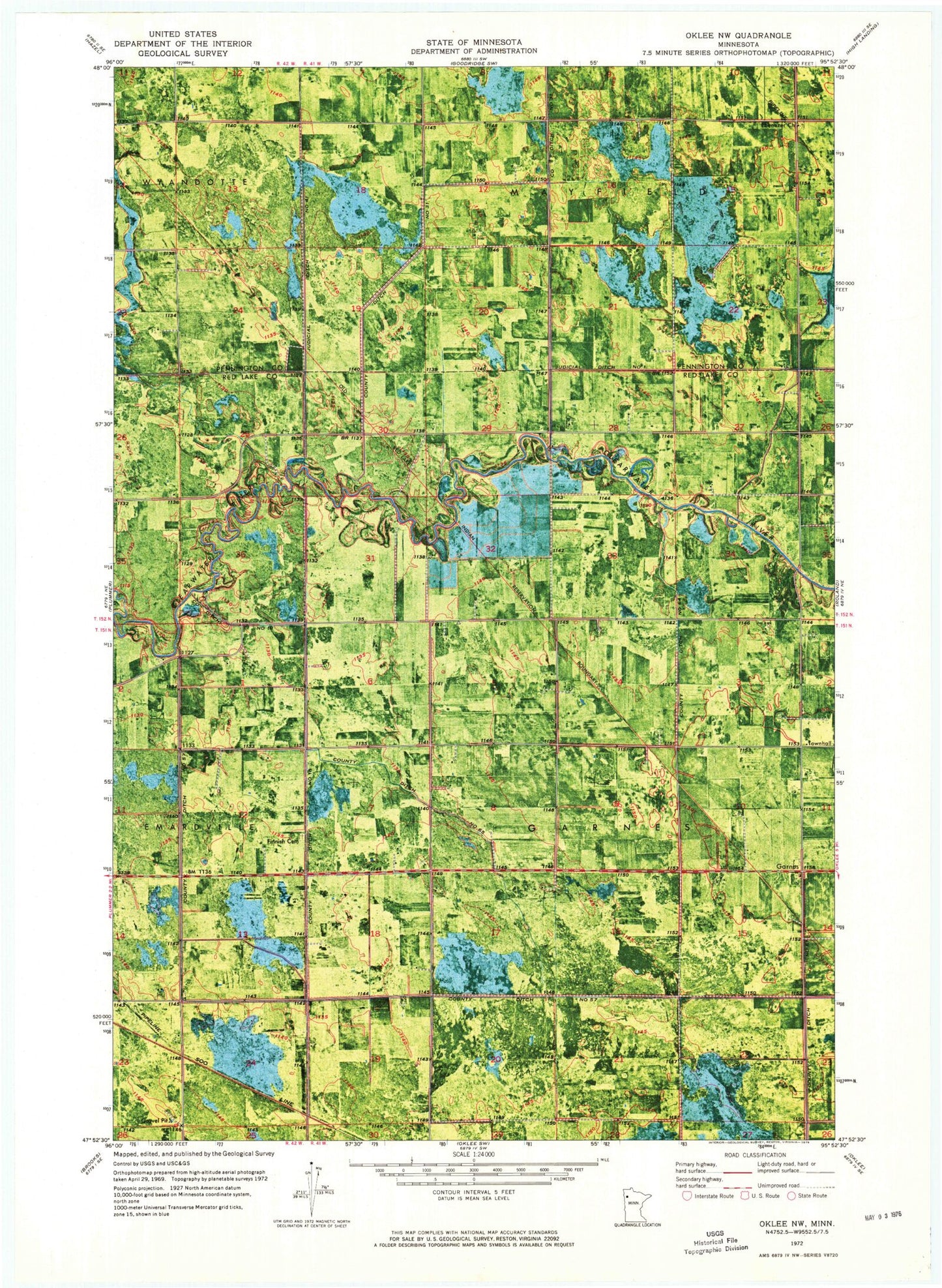 Classic USGS Oklee NW Minnesota 7.5'x7.5' Topo Map Image
