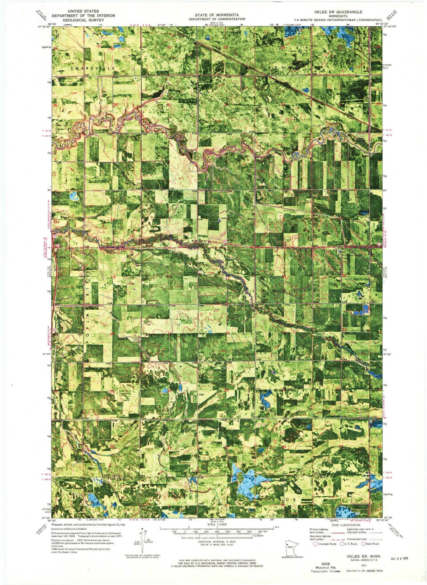 Classic USGS Oklee SW Minnesota 7.5'x7.5' Topo Map Image