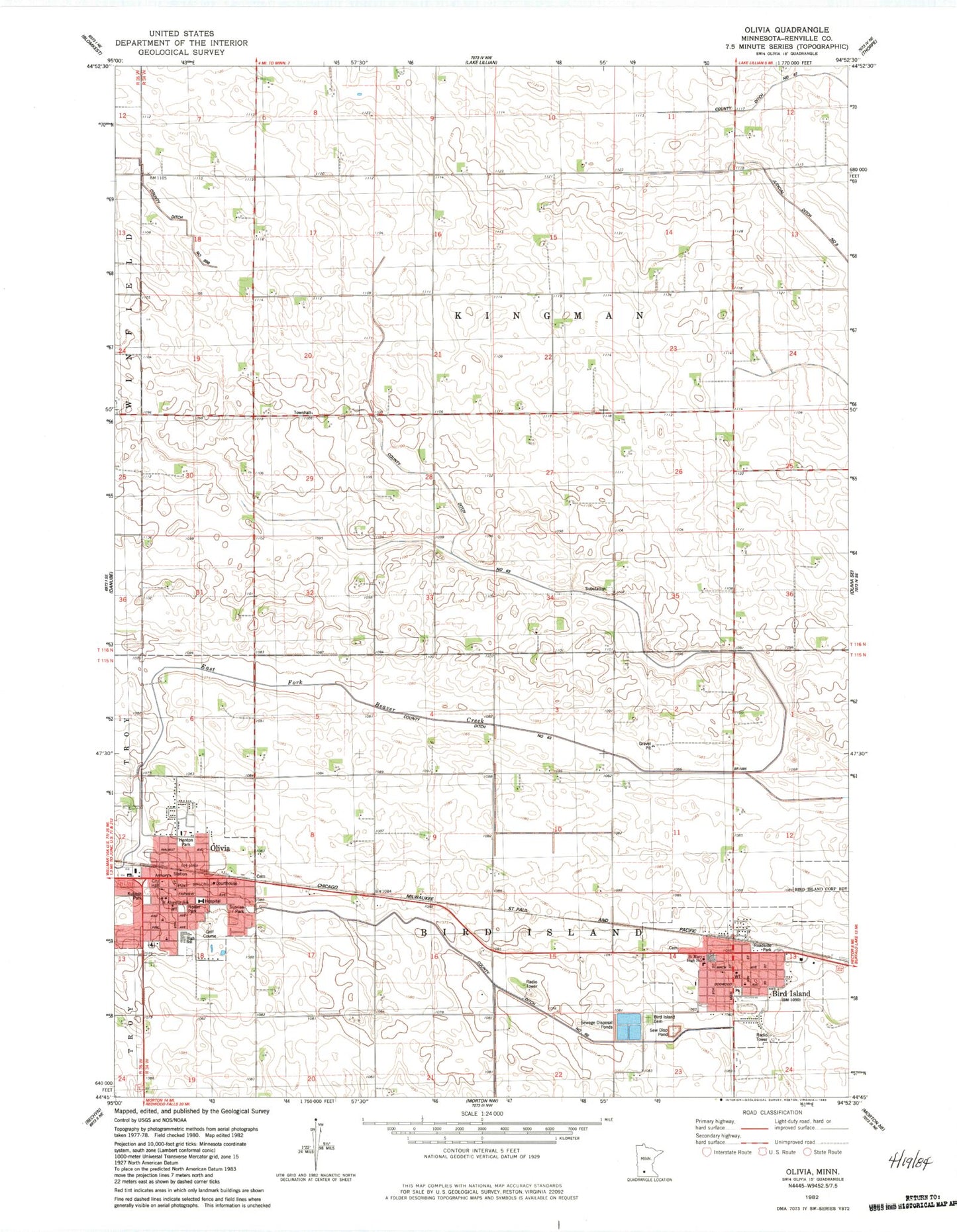 Classic USGS Olivia Minnesota 7.5'x7.5' Topo Map Image