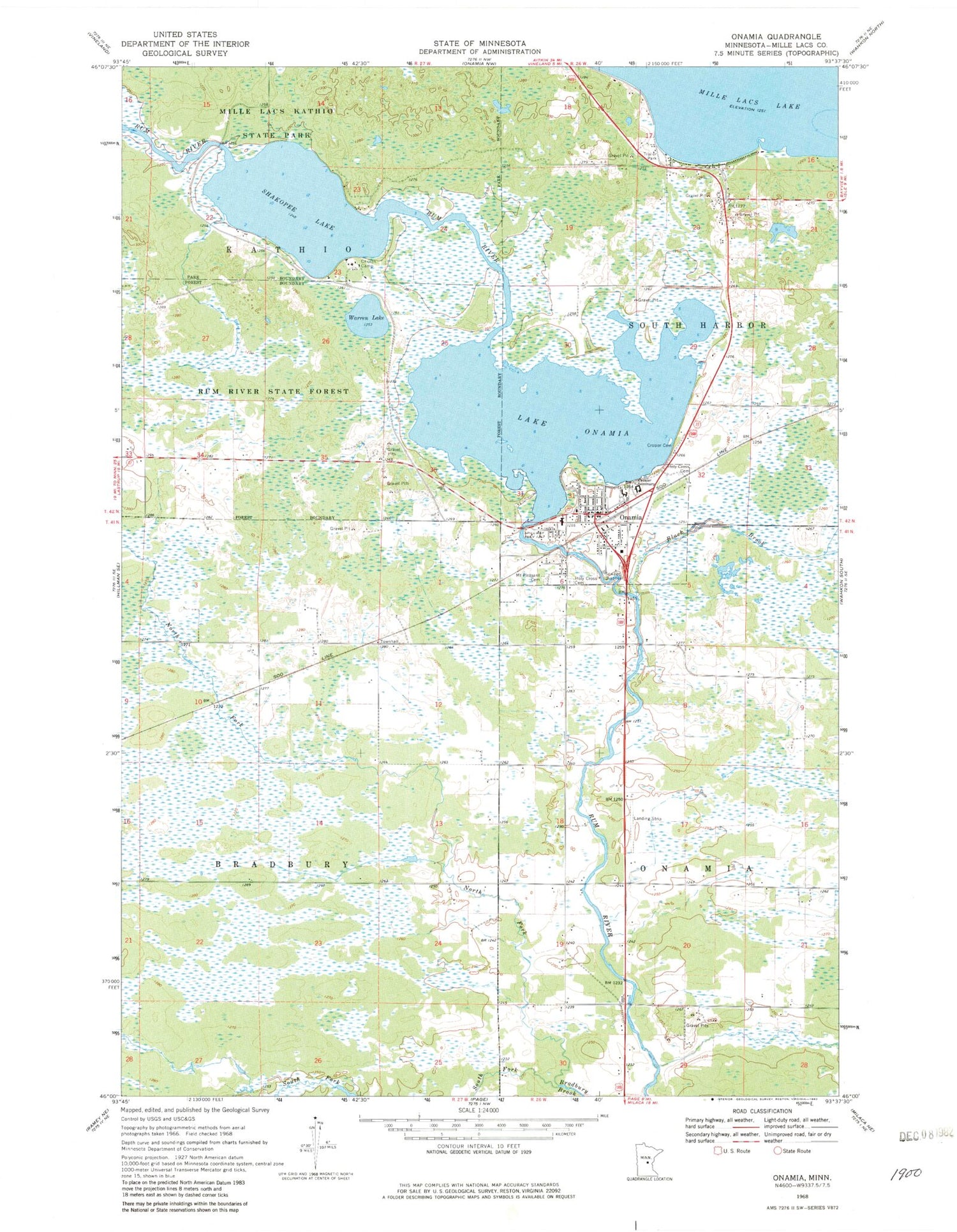 Classic USGS Onamia Minnesota 7.5'x7.5' Topo Map Image