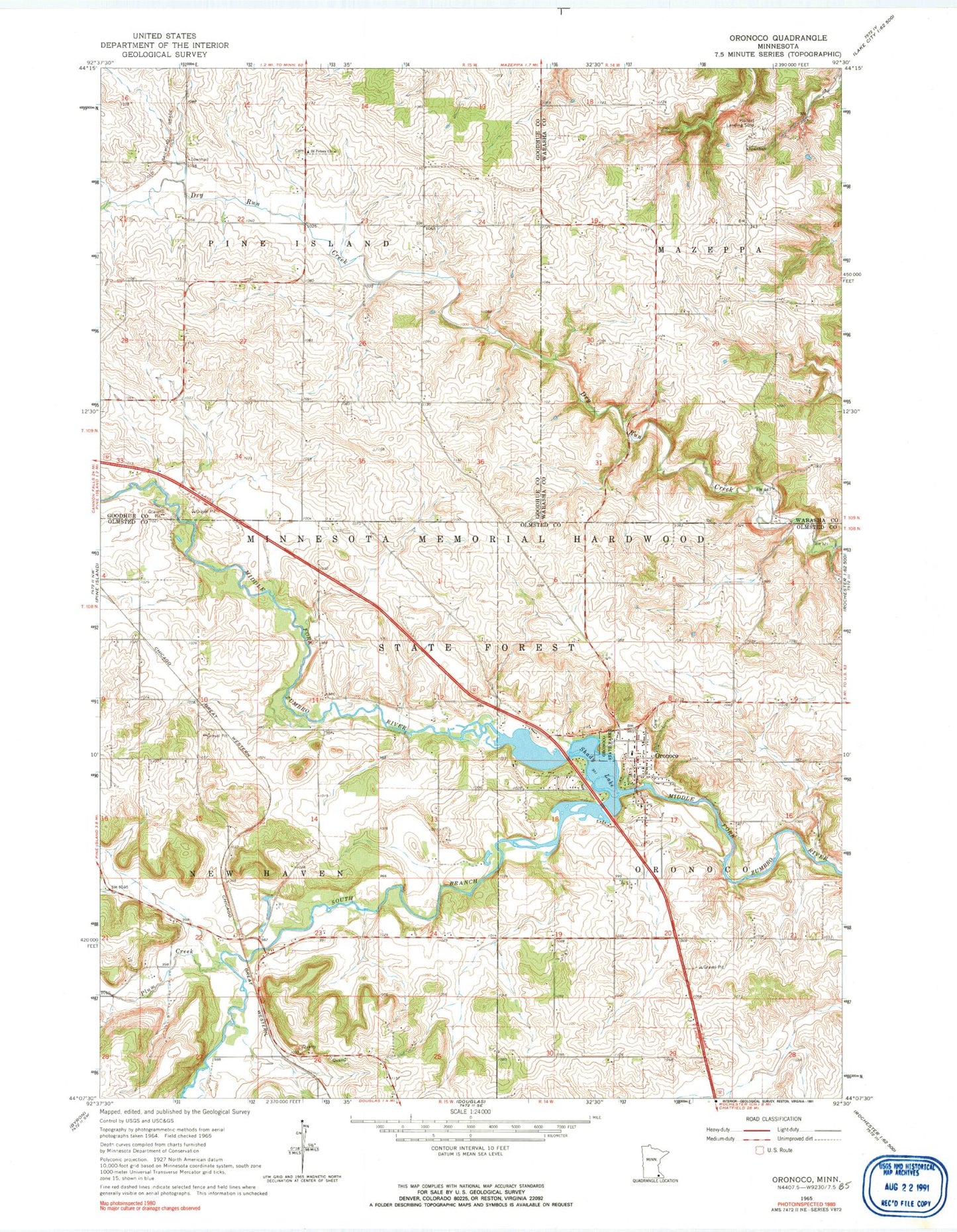 Classic USGS Oronoco Minnesota 7.5'x7.5' Topo Map Image