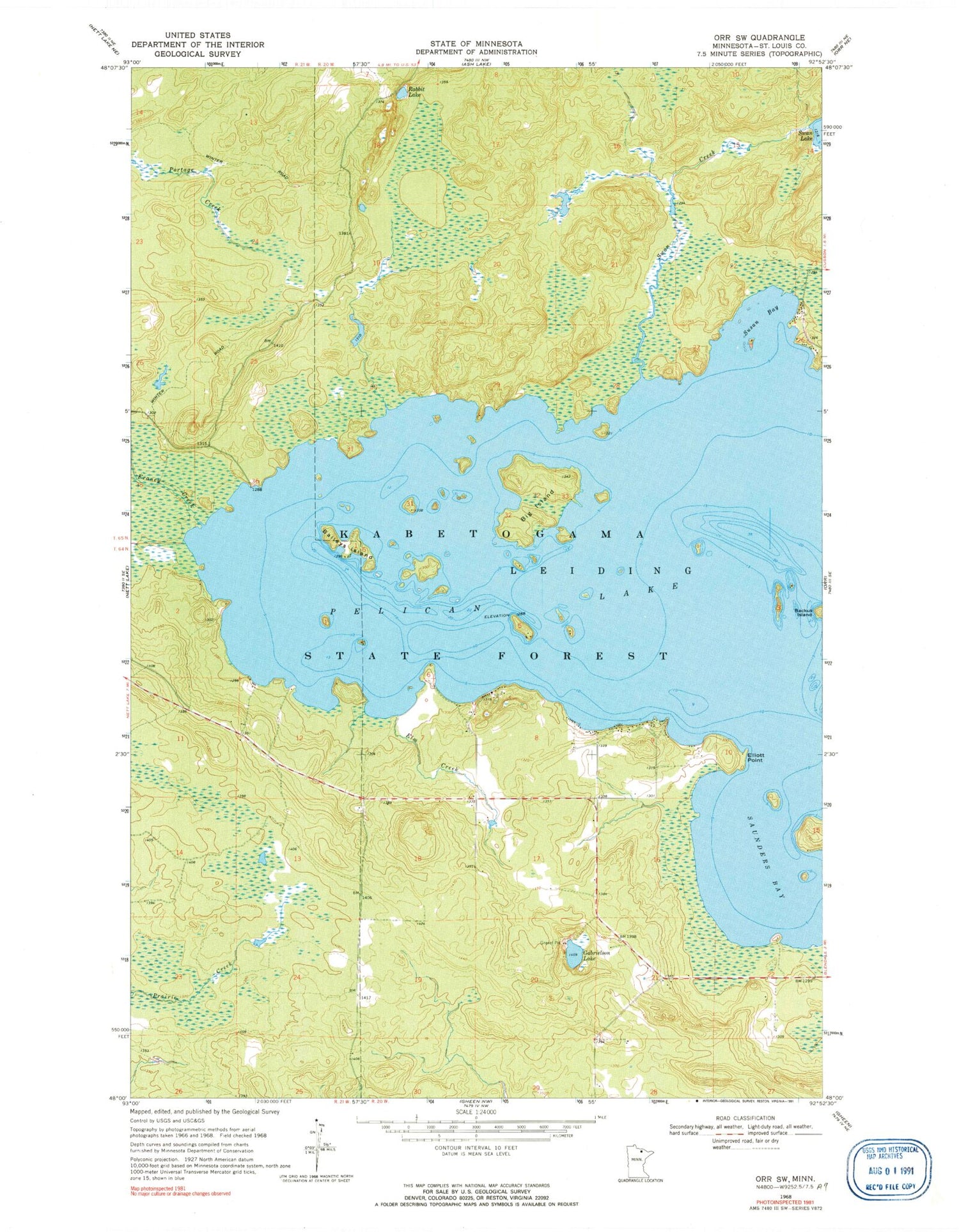 Classic USGS Orr SW Minnesota 7.5'x7.5' Topo Map Image