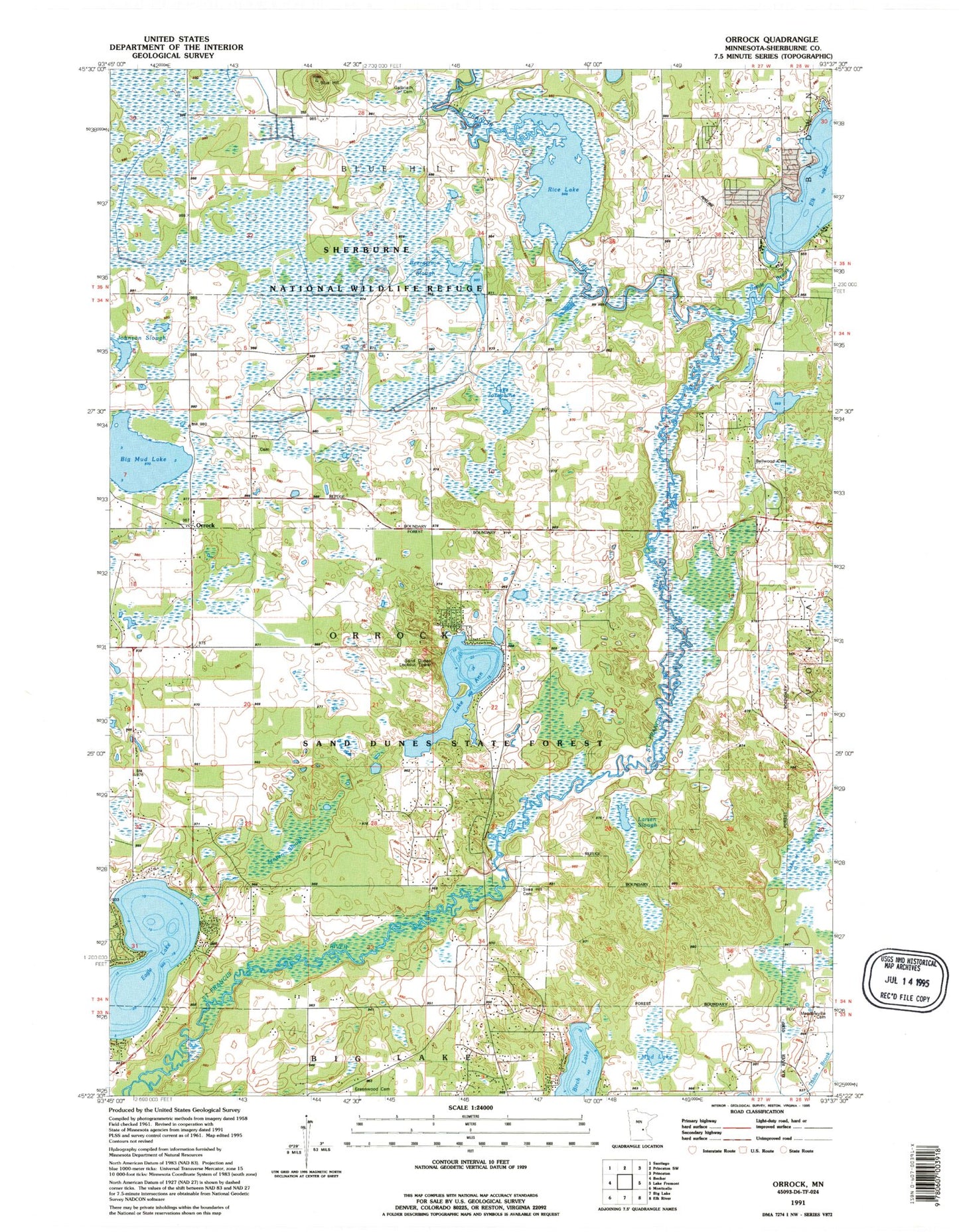 Classic USGS Orrock Minnesota 7.5'x7.5' Topo Map Image