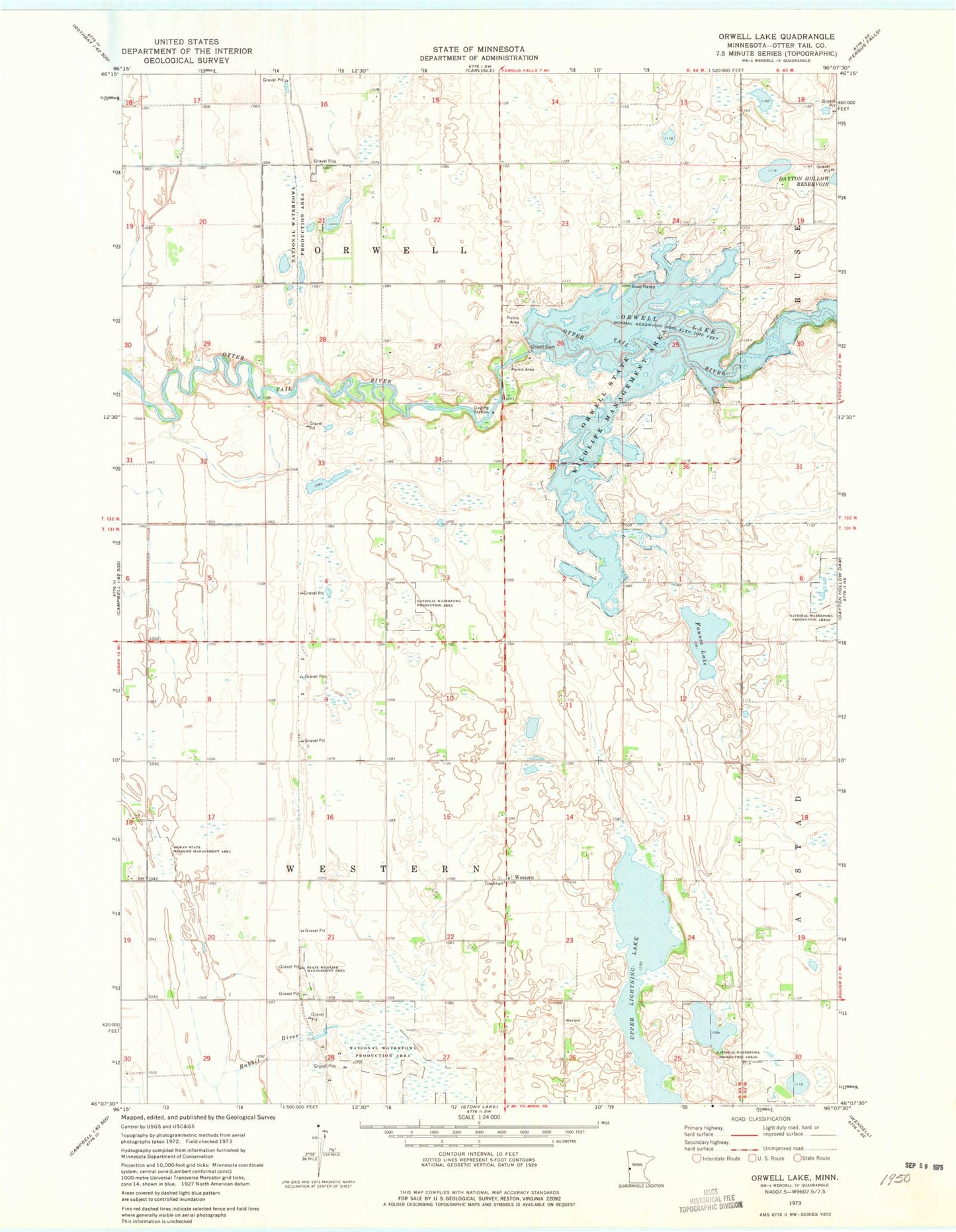 Classic USGS Orwell Lake Minnesota 7.5'x7.5' Topo Map Image